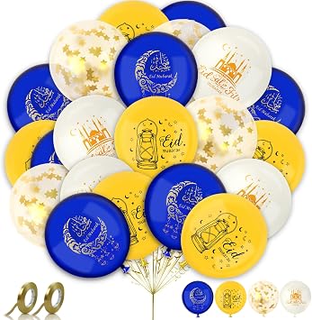 AhfuLife 32 Pcs Eid Decorations Balloons, 12 Inches Large Eid Mubarak Balloon for Home, Blue, White and Gold Latex Balloons for Ramadan Kareem Mubarak Party Supplies