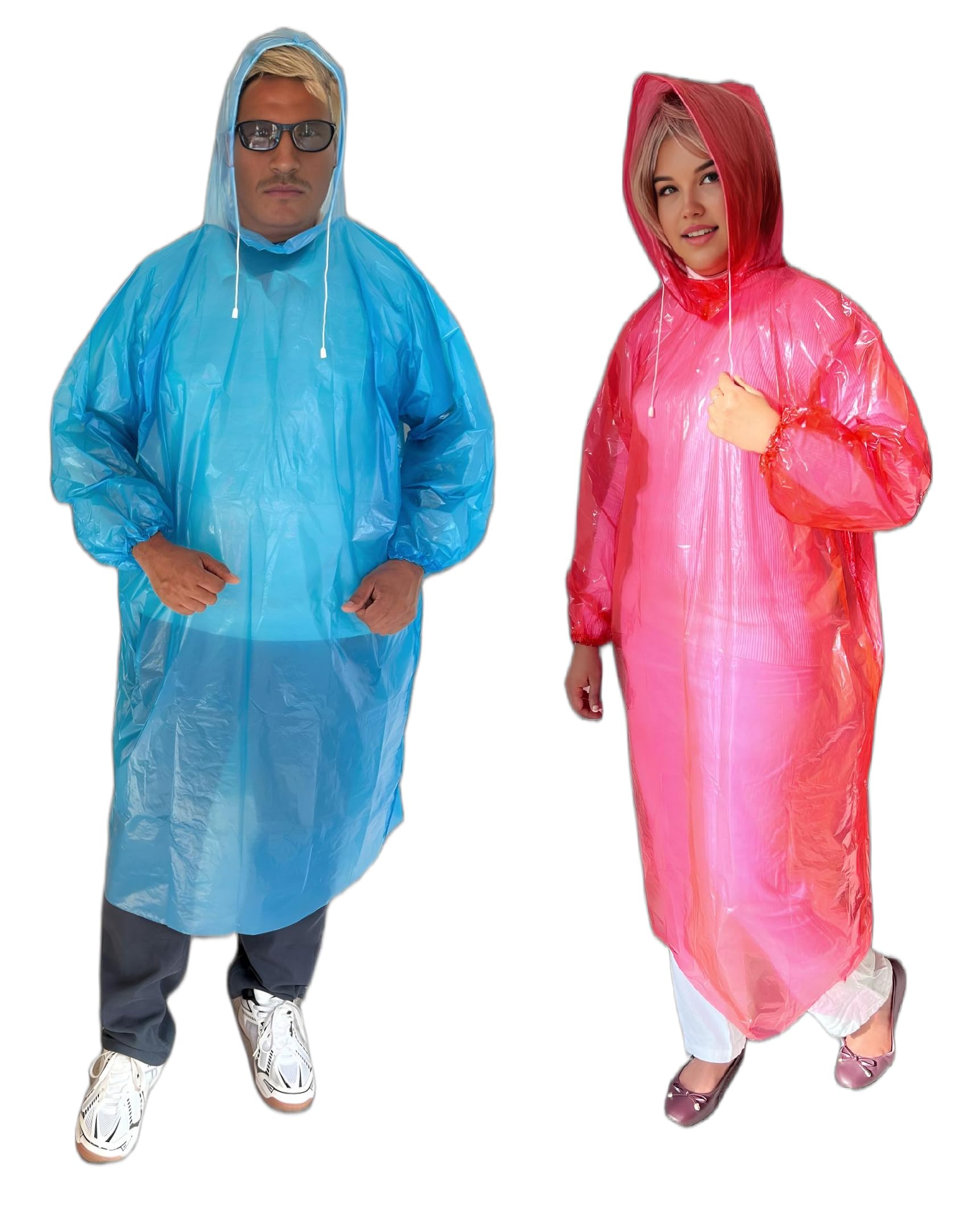 Start And Drive Ltd Unisex Mix (1 Blue + 1 Red ) Poncho Rain Coat Long Sleeve Waterproof Plastic Adult Size Disposable Ponchos With Hoods Emergency Raincoats (Uk, Alpha, One Size, Regular, Regular, Mix (1 Blue + 1 Red))
