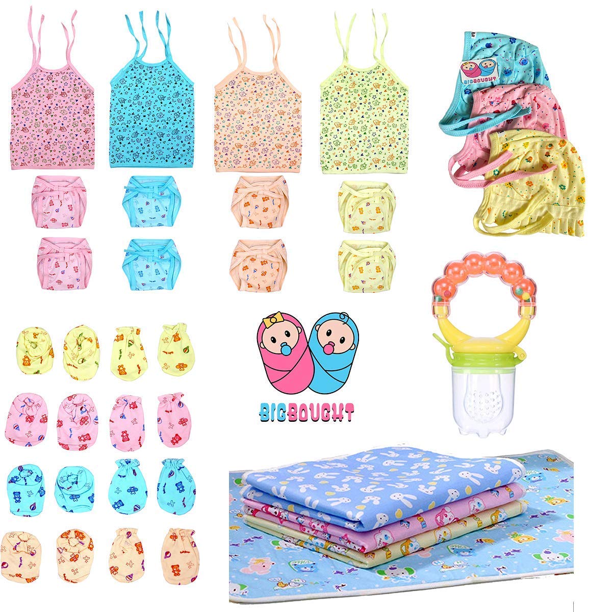BigboughtBaby Zhabla (4 Pcs), Nappy (8 Pcs), Mittens (Hand and Legs) (4 Pairs), Cap (3 Pcs), Fruit, Vegetable (1 Pcs), Bed Protector Sheet (3 Pcs