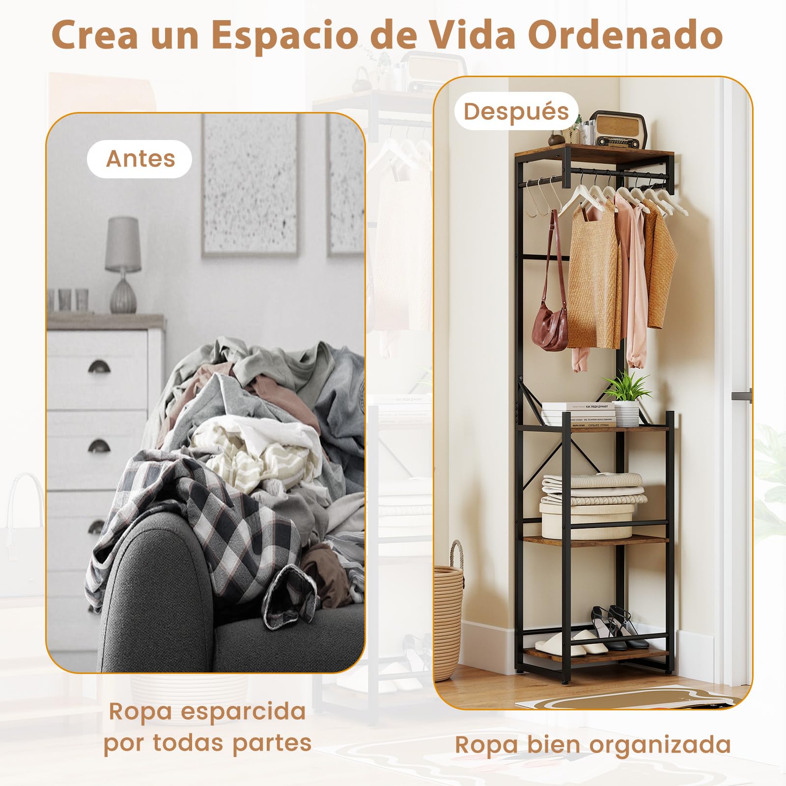 COSTWAY Perchero Burro Ropa, Perchero de Pie, 4 Estantes de Almacenamiento, 6 Ganchos y 3 Barras para Colgar, Colgador Ropa Entrada Pasillo Dormitorio, 40 x 30 x 162 cm, Industrial
