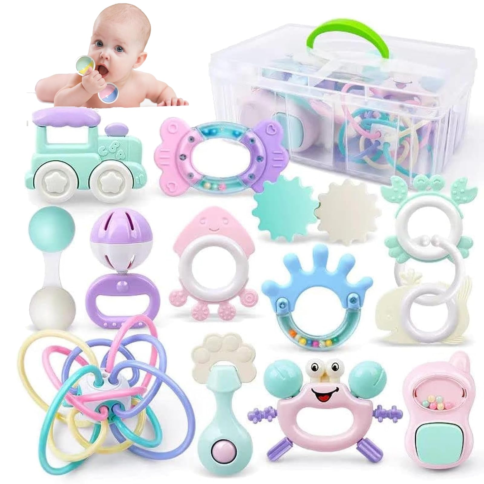 Baby Teether Toy Rattle for Baby Toys 0-12 Months Plus with Storage Box -14 Pcs BPA Free Soft Silicone Teething Toys Newborn Baby Sensory Toys Gifts 3 6 9 12 Months for Early Educational (style 1)