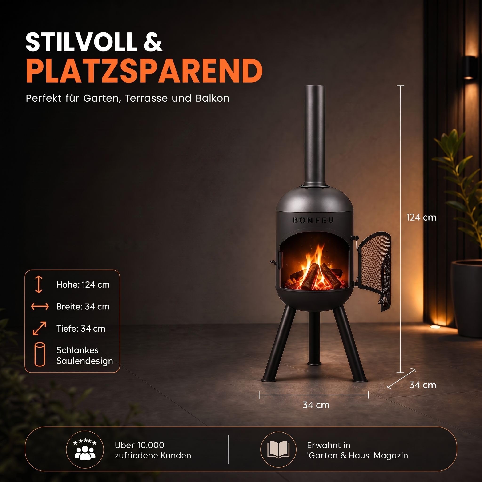 BonFeu BonSolo Terrassenofen Schwarz – Hochwertiger Gartenkamin mit BBQ-Grillfunktion, Ø 34 cm, H 124 cm – Robuster Outdoor-Kamin aus Stahl inkl. Grillrost und Schürhaken für Garten & Terrasse