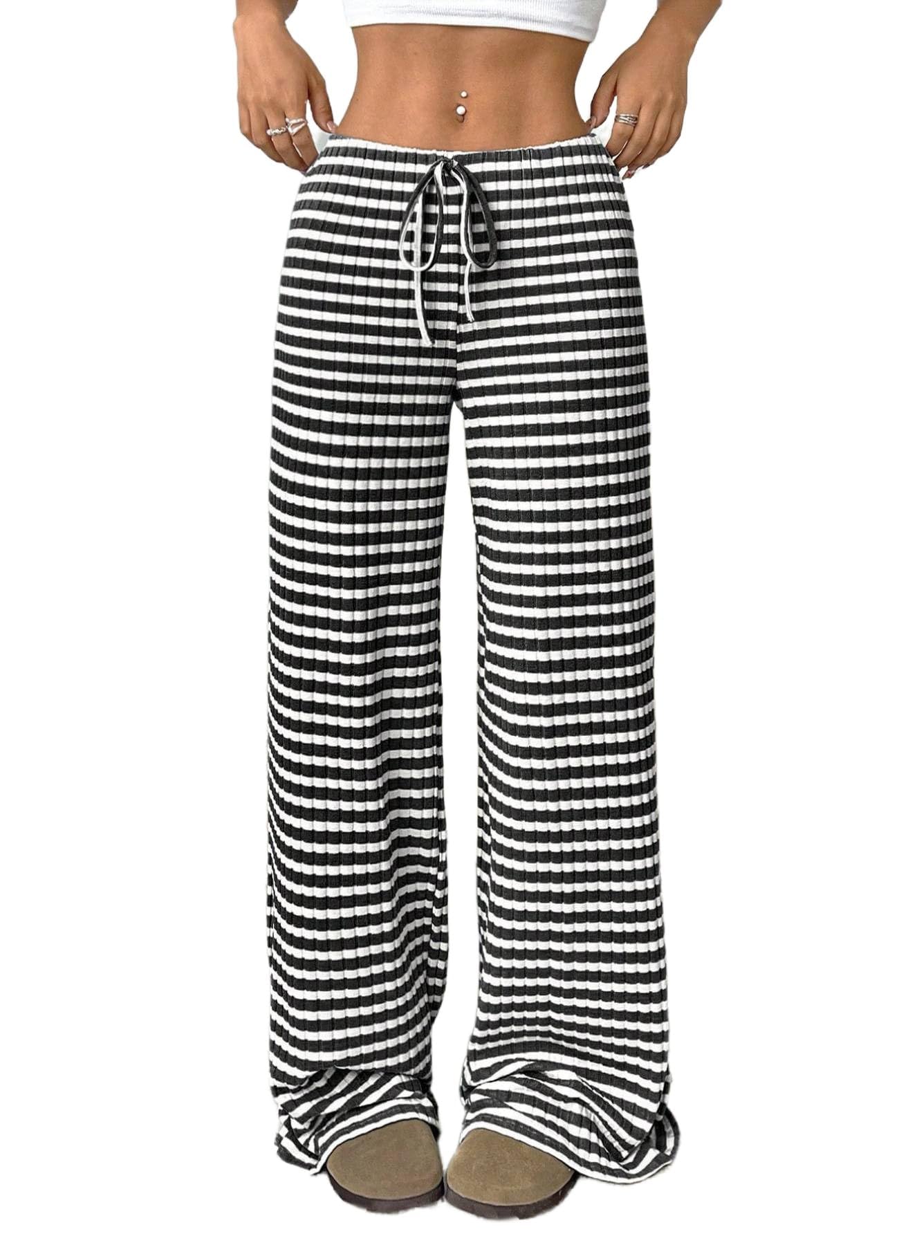 Women's Casual Checkered Pants Drawstring Elastic Waist Comfy Loose Straight Wide Leg Plaid Pants with Pockets
