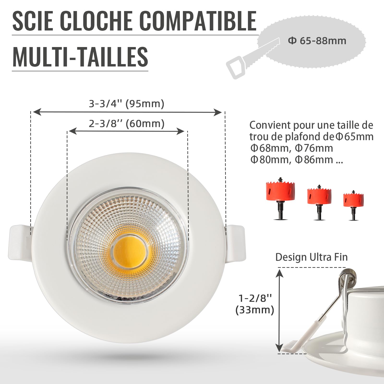 6 Spot LED Encastrable Dimmable Extra Plat 7W,3000K Blanc Chaud Trou Ø65mm,Ø68mm,Ø80mm,Spot de Plafond Blanc COB 220V 600LM Pour Cuisine Chambre Salon