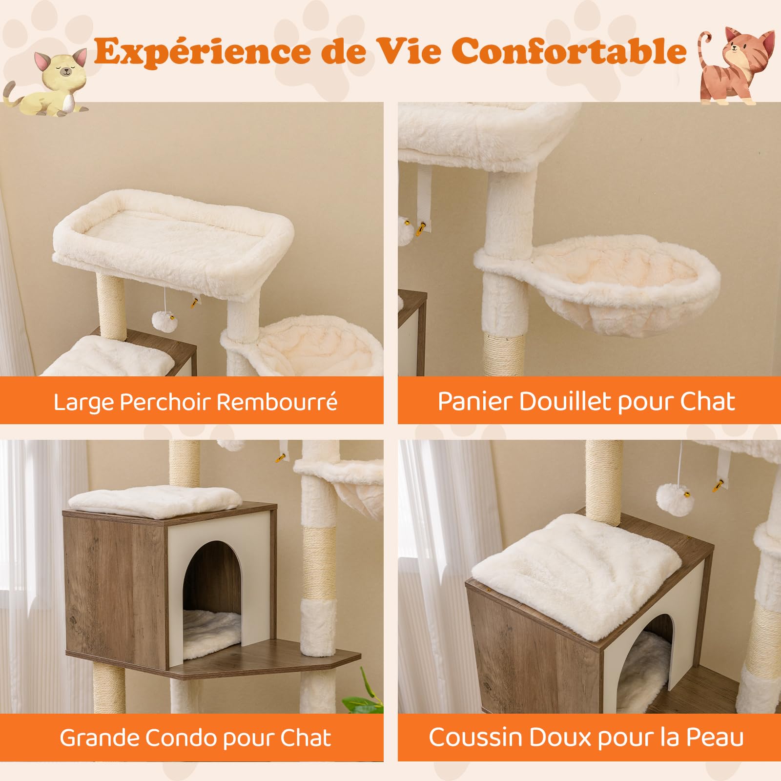 COSTWAY Arbre a Chat avec Litiere Intégrée, Tapis et Poteau à Griffer en Sisal, Plateforme, Panier, Condo, Arbre à Chat XXL, 2 Gamelles, Coussin Amovible, Pompon, Patins Réglables (155 cm,Gris)