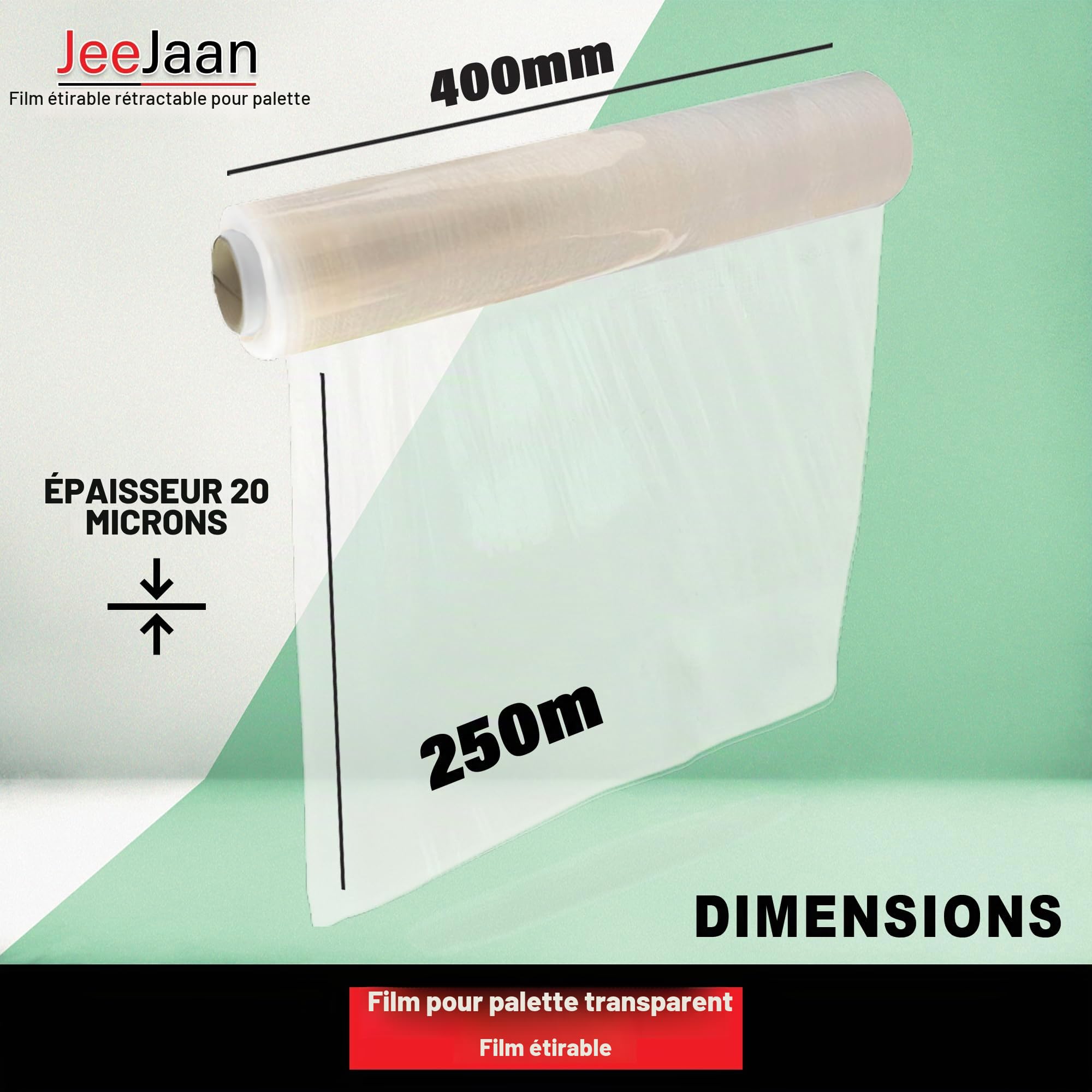 Film étirable pour palette 400 mm x 250 m Lot de 6 rouleaux Résistant à l'eau et à l'humidité Transparent