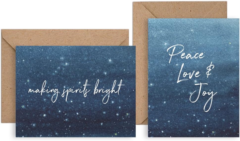 Palmer Street Press Box of Christmas Cards With Envelopes - Midnight Snow Christmas Card Set - Merry & Bright And Peace Love & Joy - 12 Premium Christmas Cards with Kraft Envelopes - Blank Holiday Cards - Made in the USA