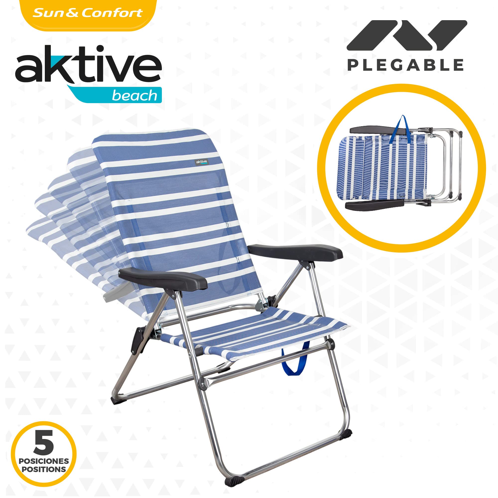 AKTIVE Camping - Lot de 2 Chaises de Plage Pliantes Mykonos, Multipositions avec Protections Anti-Renversement, Économique, 46,50 X 63 X 93 cm, Bleu et Blanc