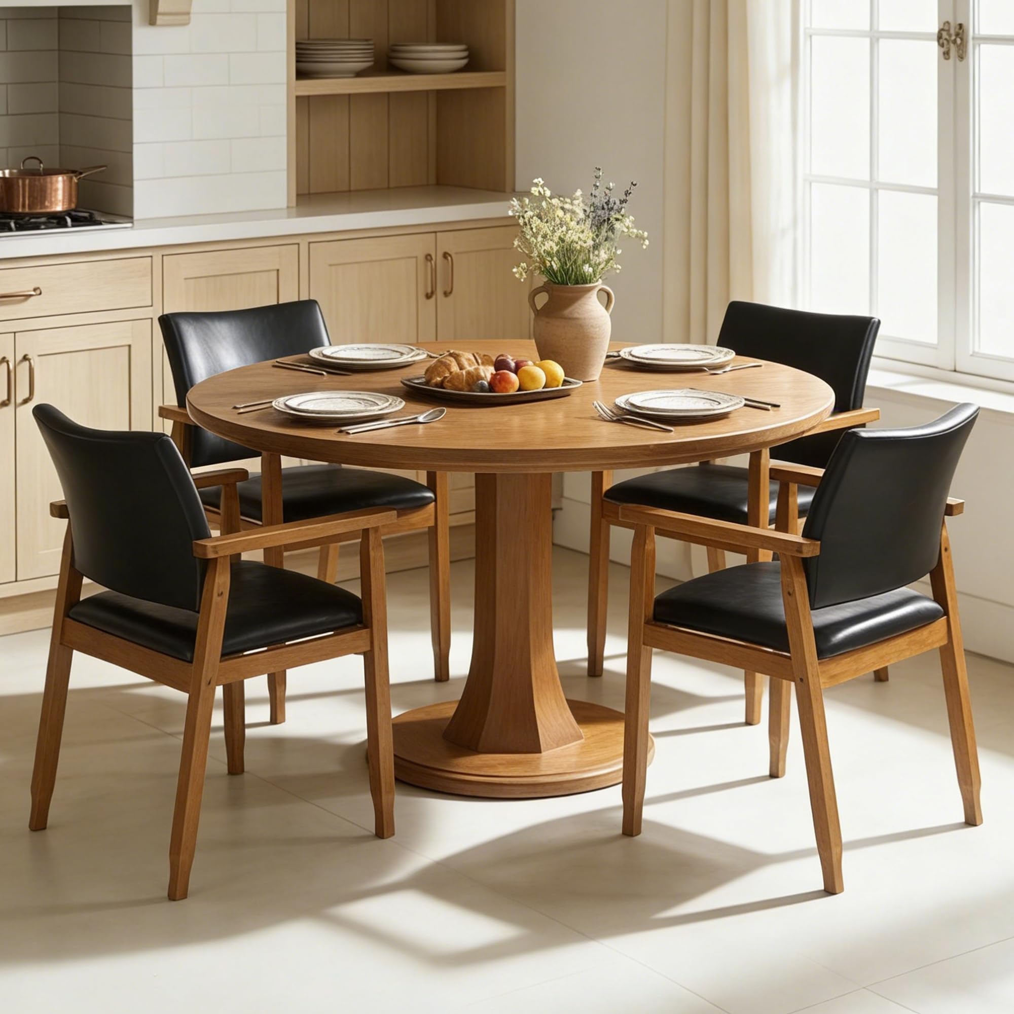 NOBPEINT Mid-Century Modern Dining Chairs with Armrest Set of 4, PU Leather Upholstered Dining Room Chairs with Solid Wood Frame, Walnut Kitchen Armchairs for Kitchen Living Room Restaurant, Black