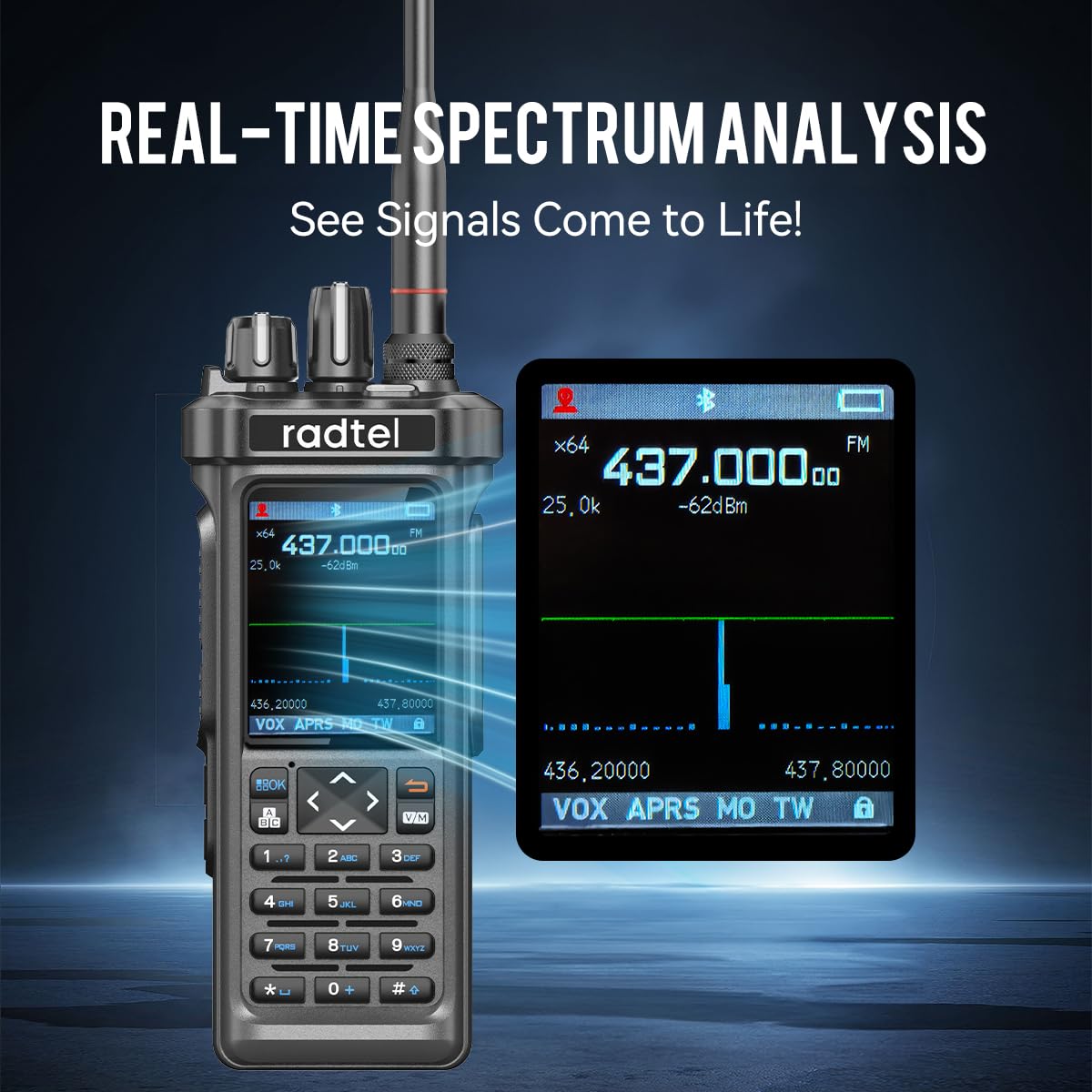 Radioaficionado Radtel RT-950 Pro GPS/APRS, walkie-Talkie portátil de Largo Alcance de 10 W, programación por aplicación Bluetooth (con Cable de programación y batería Adicional)