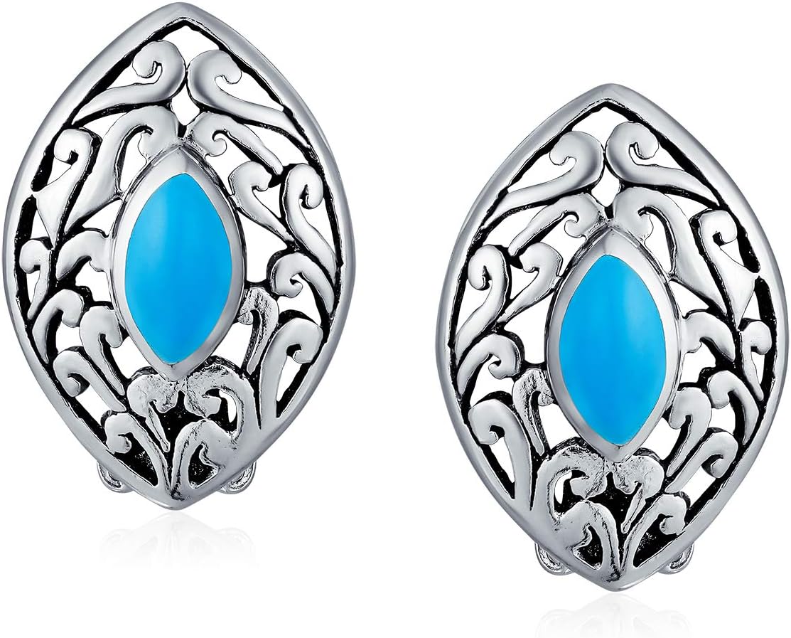 Western Style Filigree Marquise Shape Stabilized Blue Turquoise Clip On Earrings Non Pierced Ears .925 Sterling Silver