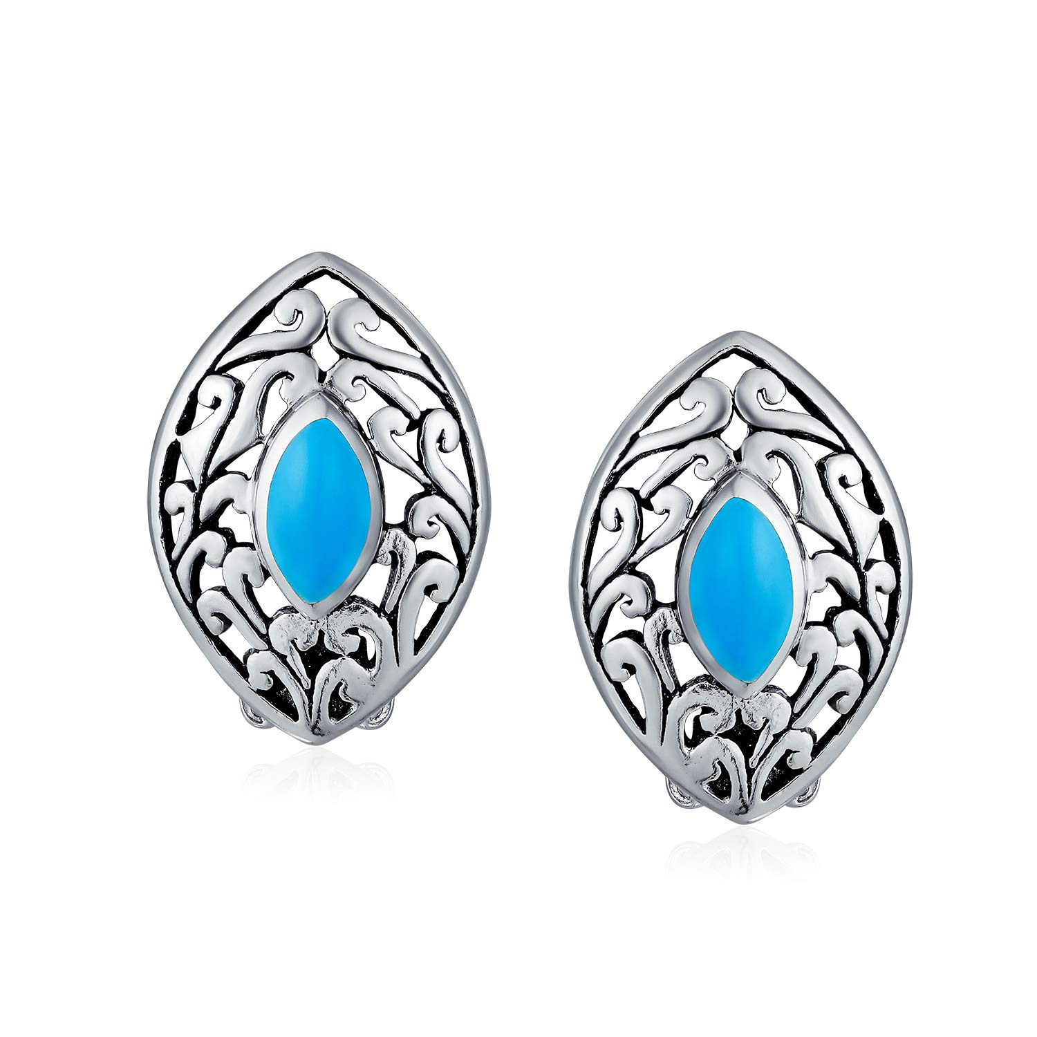 Westlicher Stil Filigrane Marquise Form Stabilisiert Blau Türkis Clip On Ohrringe Nicht durchbohrte Ohren .925 Sterling Silber