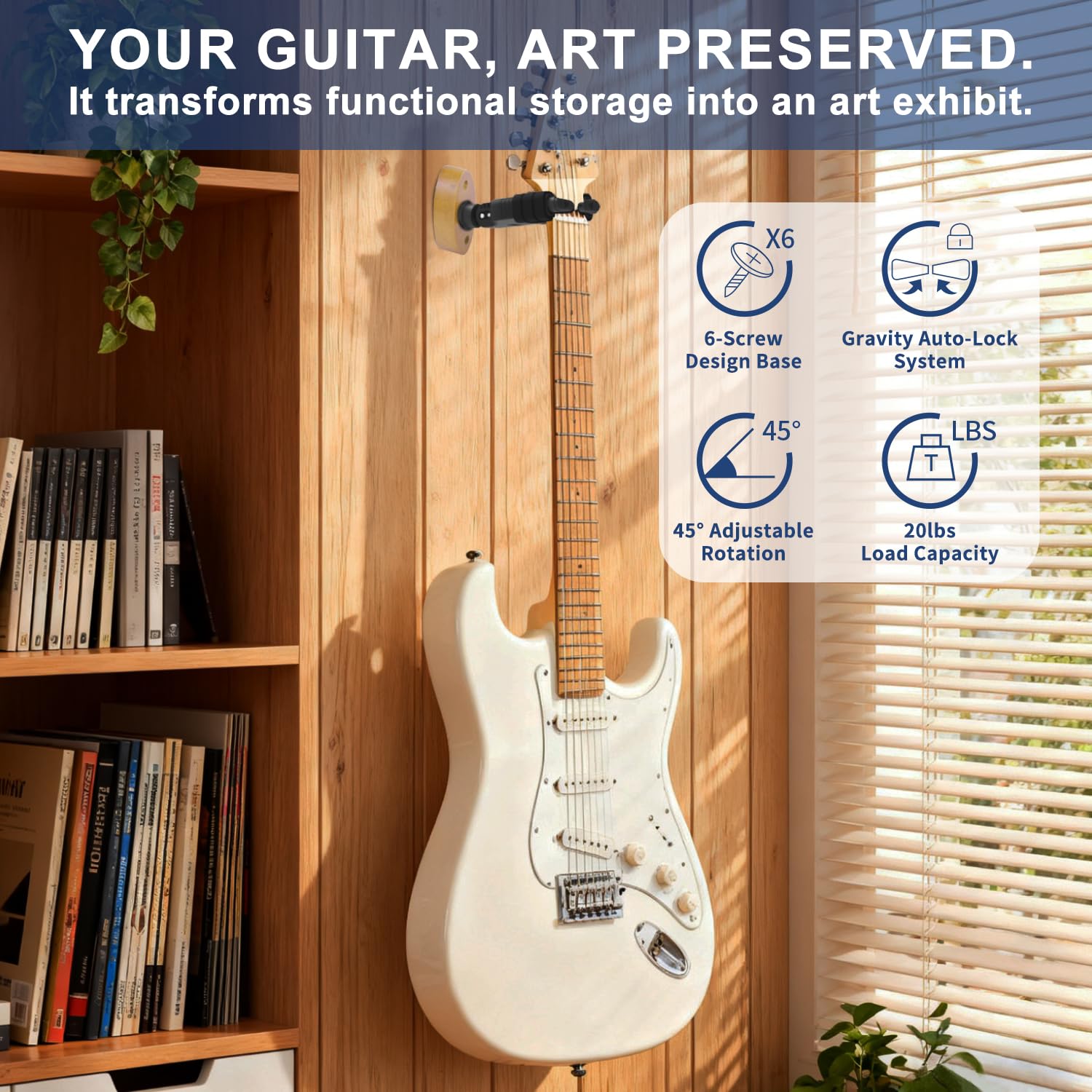 AH85 Professionnel Support Mural pour Guitare avec Verrouillage Automatique et Design Pivotant pour Guitare Classique, Guitare Électrique, Guitare Acoustique et Basse etc,Bois Massif