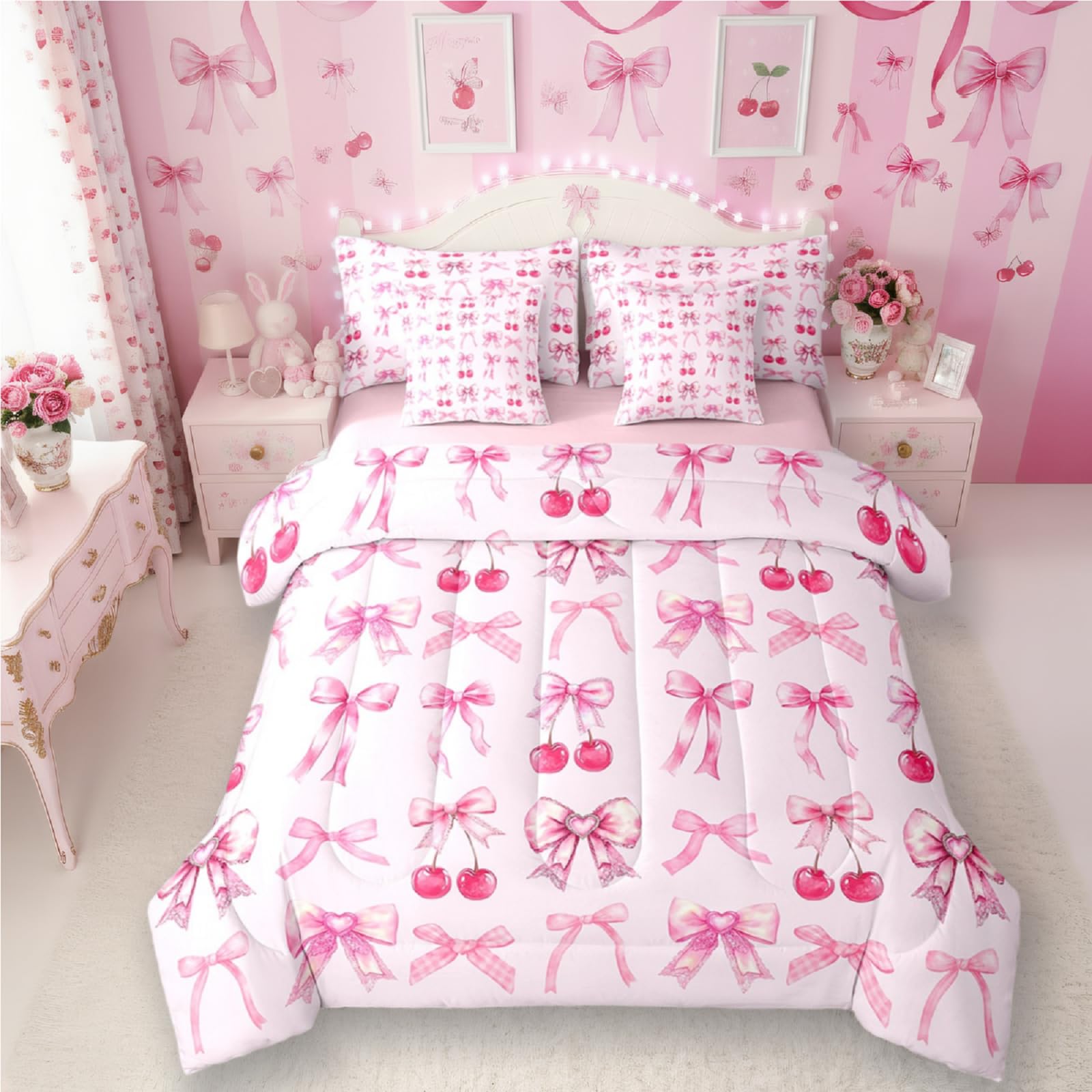 Pink Cherry Bow Bed in a Bag Queen Comforter Set 7 Piece,Cute Silk Ribbon Bowknot Bedding Set,Princess Bow Tie Comforter and Sheet Set Dreamy Kawaii