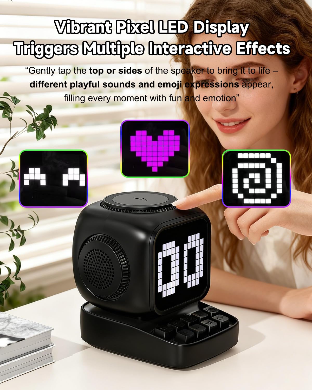 Altoparlante Bluetooth 5 in 1 con robot retrò: caricatore wireless da 15 W, schermo LED pixel, suono stereo da 10 W e 15 rumori bianchi, sveglia, altoparlante wireless portatile carino per camera da