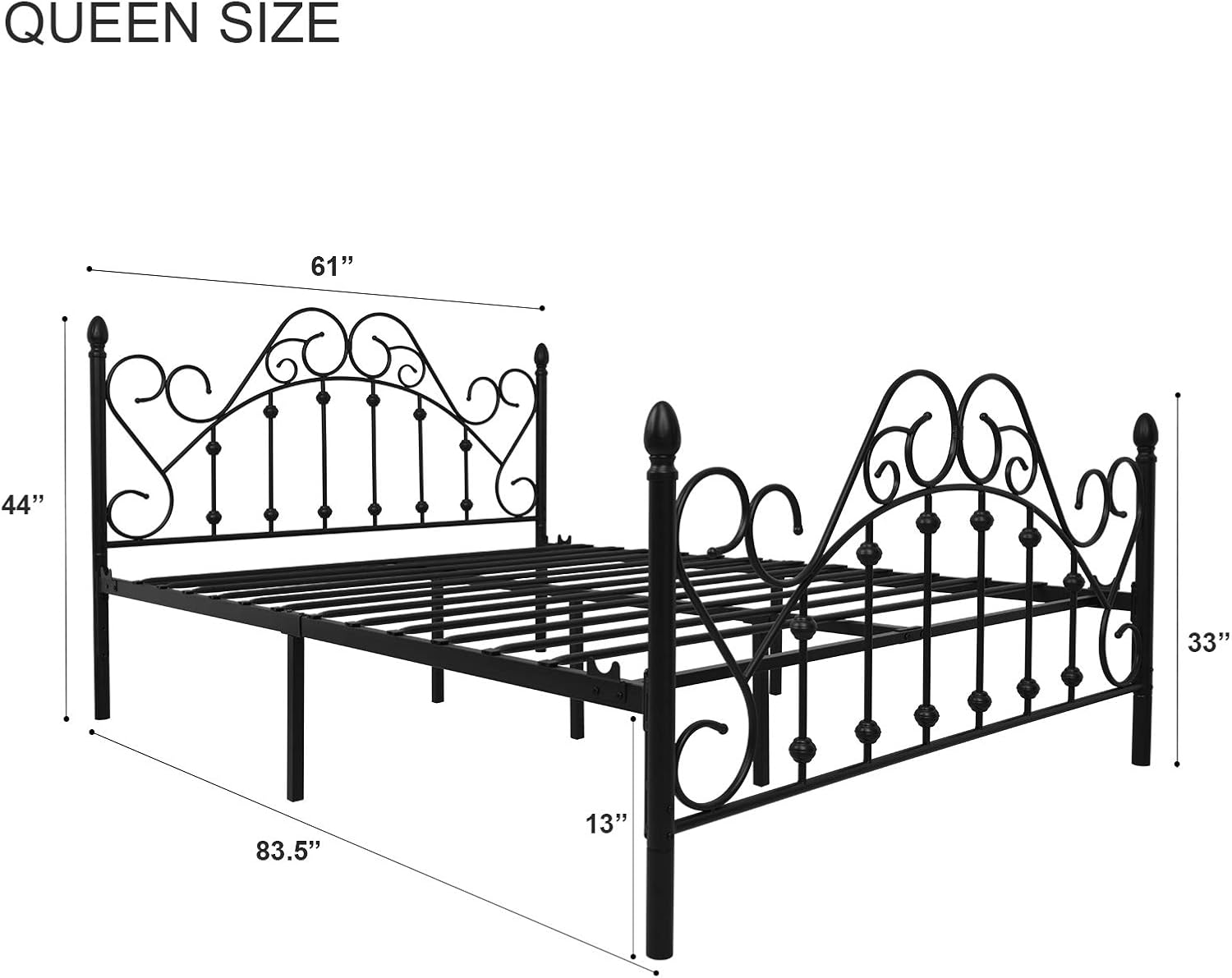 NACHTIMOOR Black Queen Platform Metal Bed Frame with Headboard and Footboard,Vintage Victorian Style Mattress Foundation, No Box Spring Required, Black,Queen.