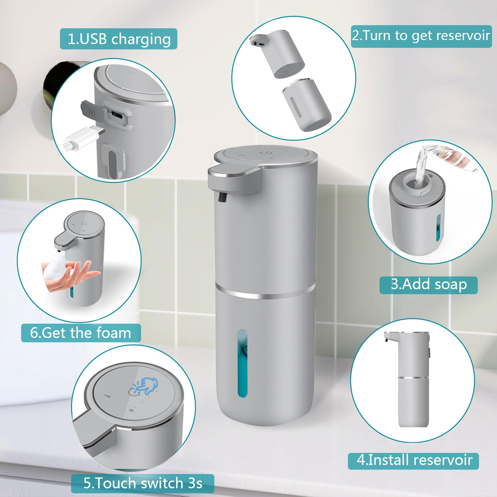 Automatischer Seifenspender, berührungsloser Schaumseifenspender, 400 ml, USB, wiederaufladbar, Wandmontage, 4 Ebenen, verstellbar, Schaumseifenpumpe für Badezimmer