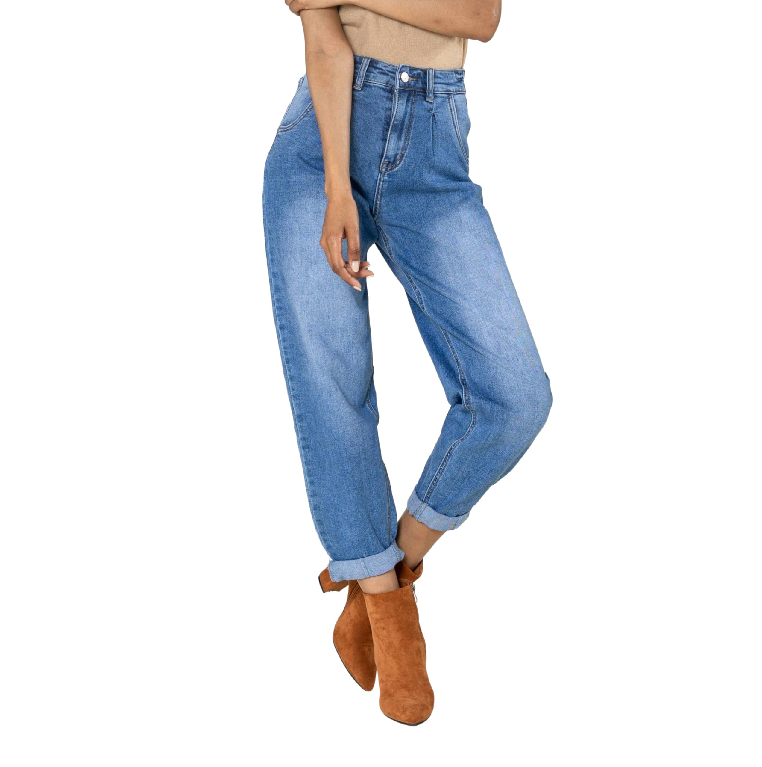 Nina Carter YY303 Pantalones vaqueros holgados de cintura alta para mujer, informales, de corte ancho, elásticos, aspecto desgastado