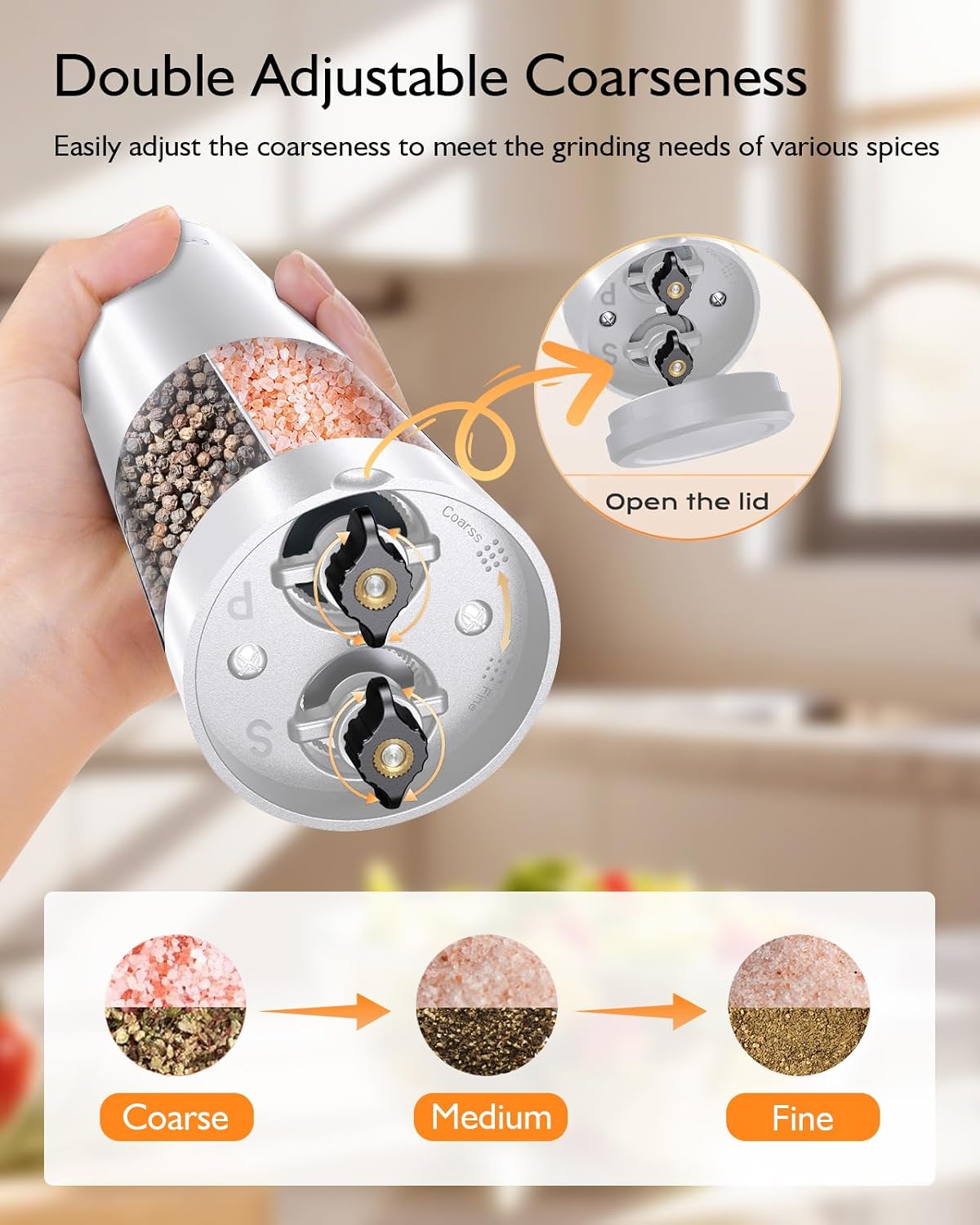 A hand operating the AMOSA Electric Grinder, pressing the 'S' or 'P' button for one-handed grinding.
