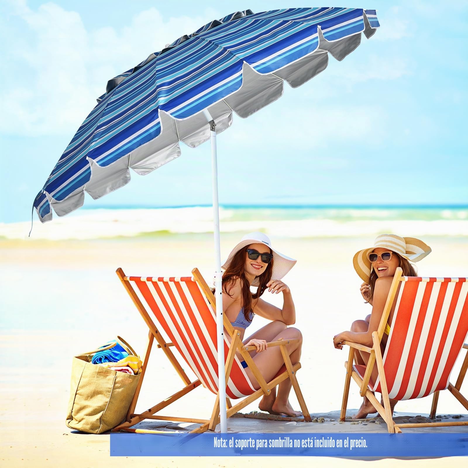 KOMFOTTEU Sombriilla de Playa Ajustable de 243 cm, Parasol de Jardín con Protección Solar, Sombrilla de Terreza con Fundo Puntiaguda, Sombra de Patio Plegable con Bolsa de Transporte