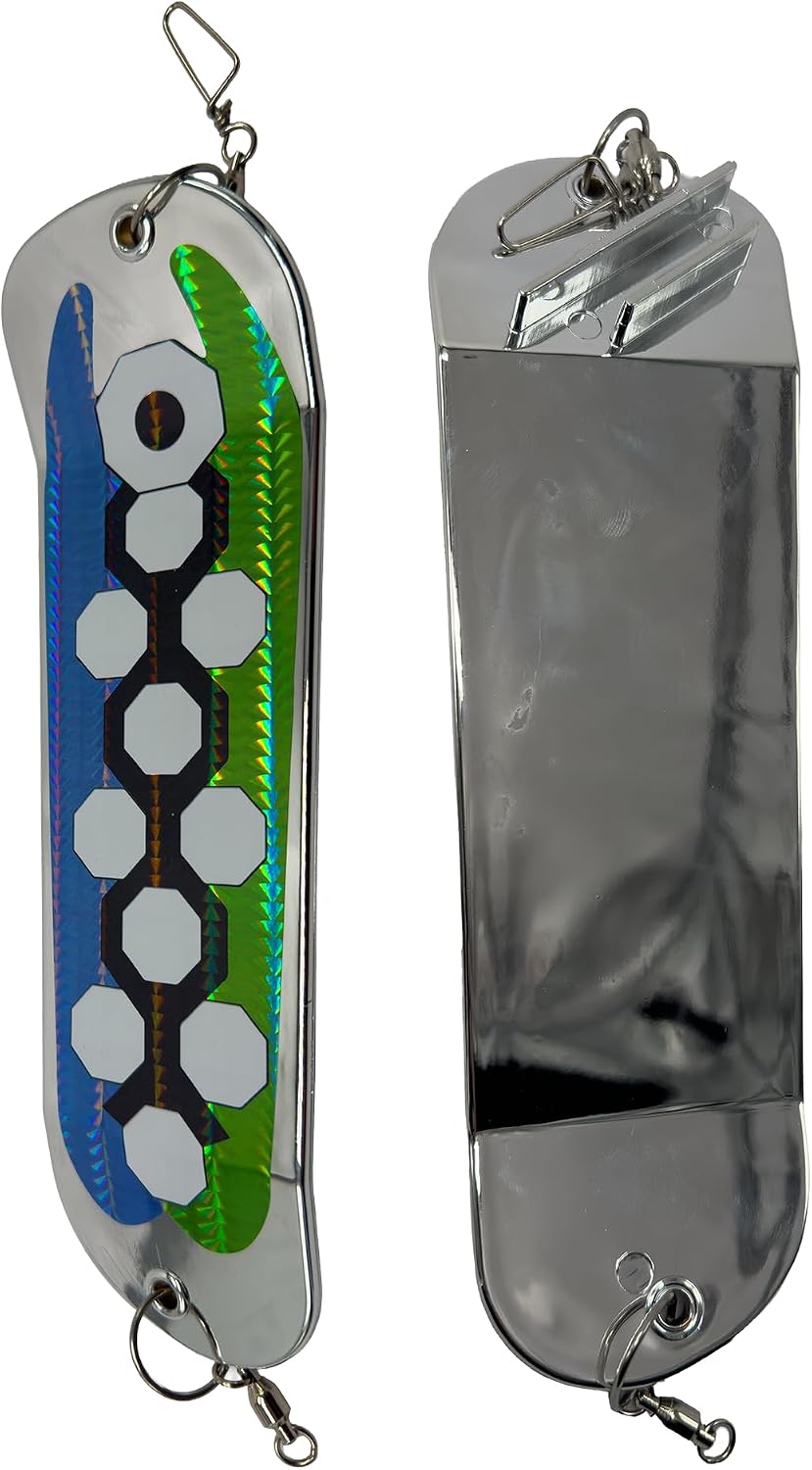 8in Salmon Flasher, Chrome Series, Blue Green, Holographic UV Finish, for Trolling Salmon, Steelhead, and Lake Trout