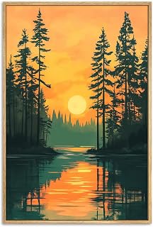 Sunset Forest Wall Art Abstract Sun Artwork Forest Landscape Painting Ocean Sunset Picture Orange Sun Poster Modern Sunrise Wall Art Abstract Seascape Paintings for Living Room 16x24in No Frame