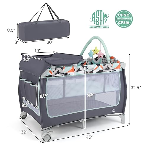 Miniatura 7 de BABY JOY 4 en 1 Pack and Play, corralito portátil para bebé con moisés, puerta lateral con cremallera, cambiador, centro de guardería de viaje para