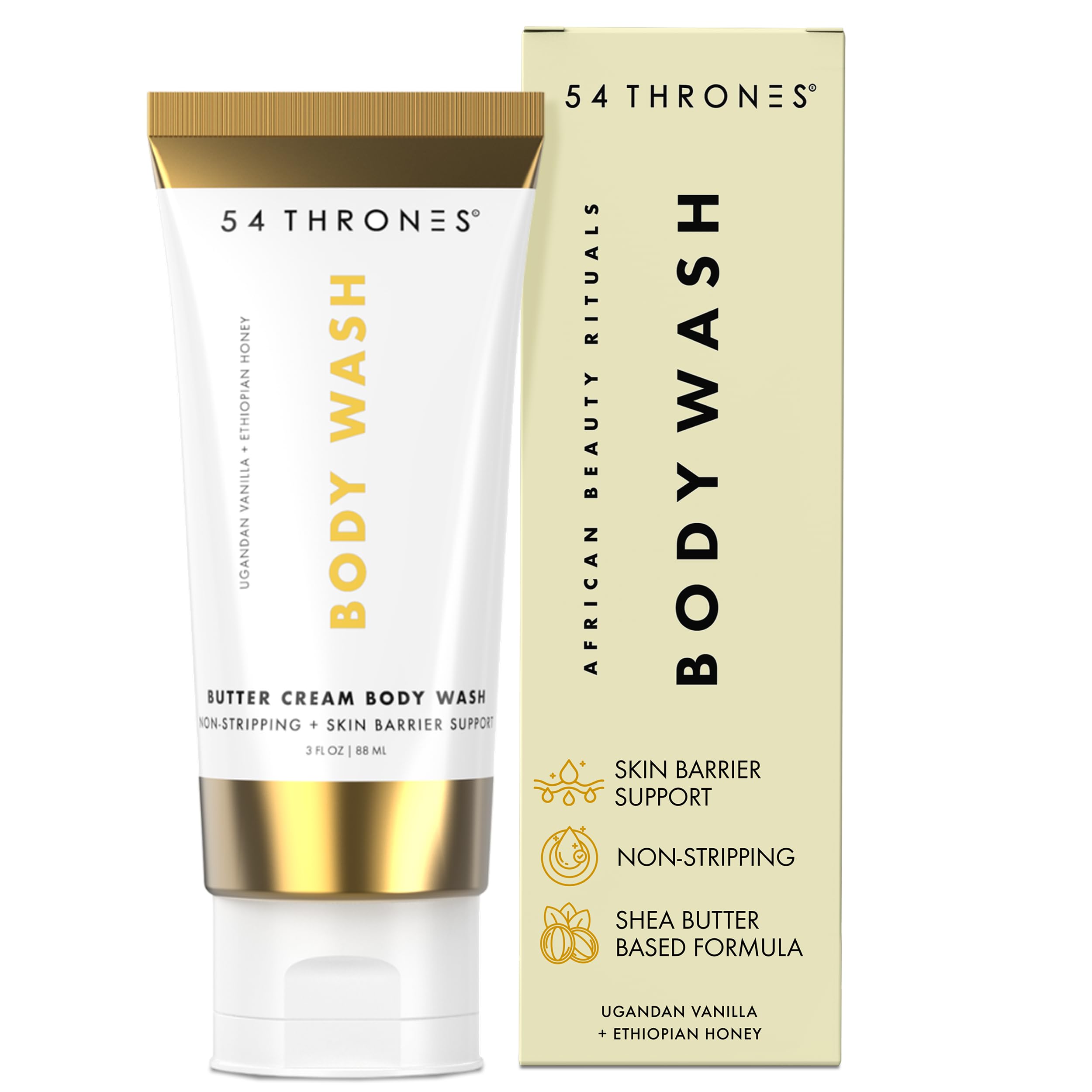 54 Thrones Mini Non-Stripping Butter Cream Body Wash, Shea Butter Body Wash, Exfoliating & Moisturizing Liquid Soap, Ugandan Vanilla + Ethiopian Honey