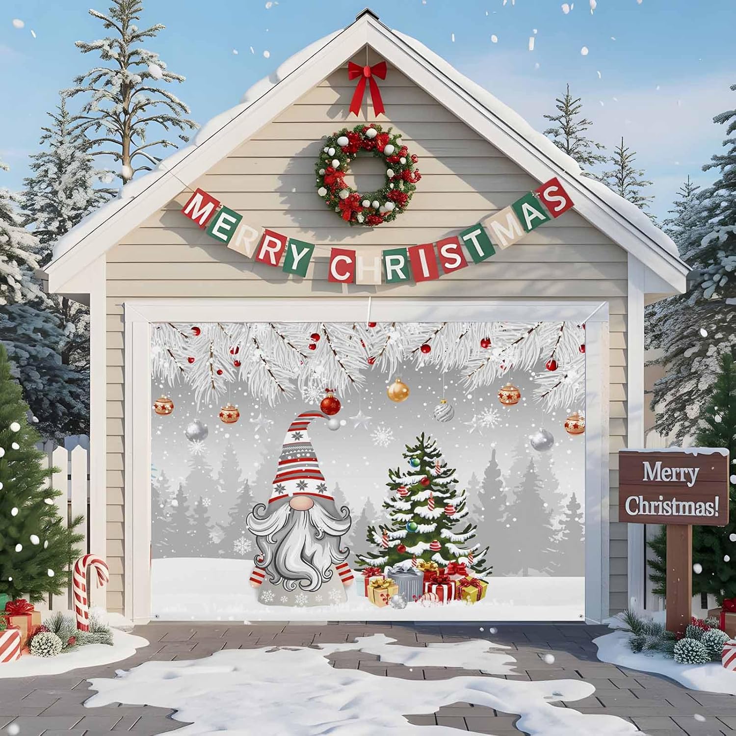 Christmas Balls Garage Door Banner Cover Decorations,Large Outdoor Hanging Garage Door Covers Christmas Thanksgiving Halloween Wall Backdrop for Party,Snowy Gnomes Gift Tree Silver Grey 6.8x8ft