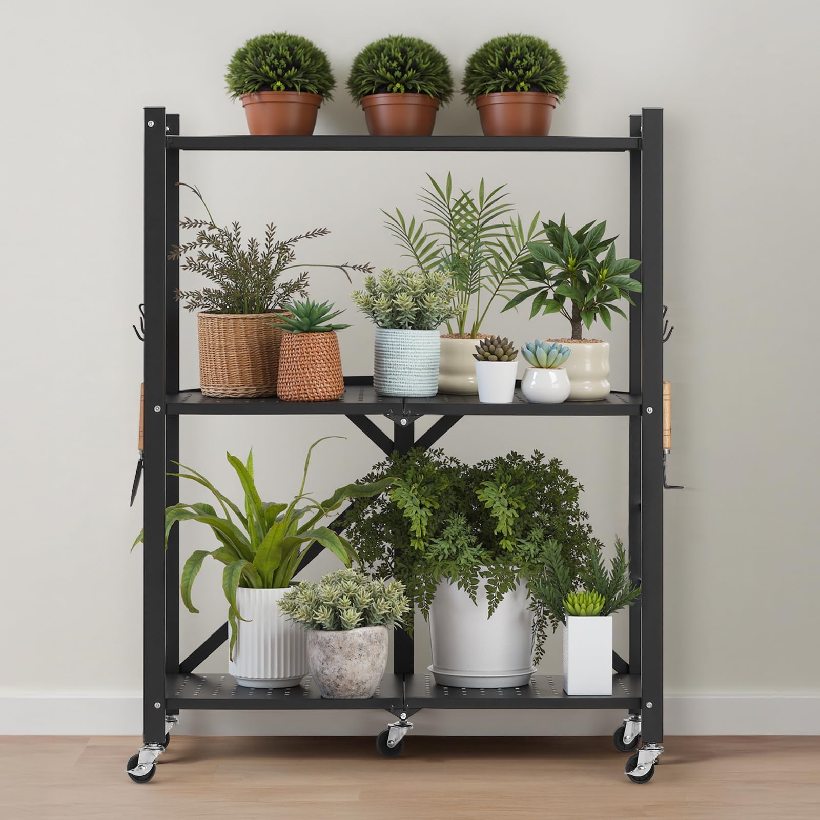VEVOR Scaffale Portaoggetti Pieghevole a 3 Ripiani con Ruote, Scaffale in Metallo Pieghevole, Robusto Resistente Senza Montaggio, Ideale per Garage, Cucina, Cantina Nero 330 x 710 x 910 mm