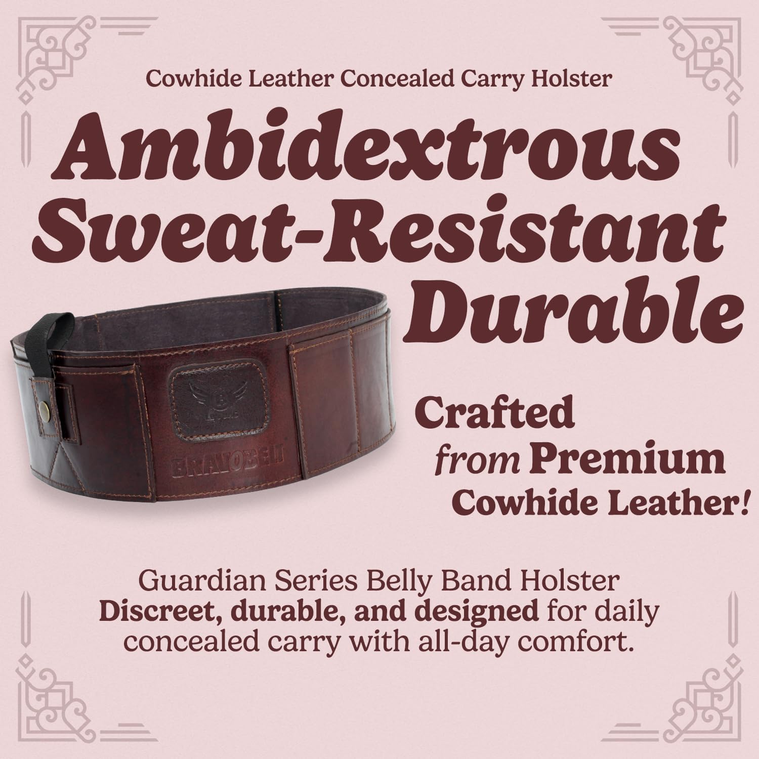 Belly Band Holster - Guardian Belt Holster - Cowhide Leather Comfortable Carry, Athletic Design, Ambidextrous, Water-Resistant, Compatible with Glock, Smith & Wesson - Unisex