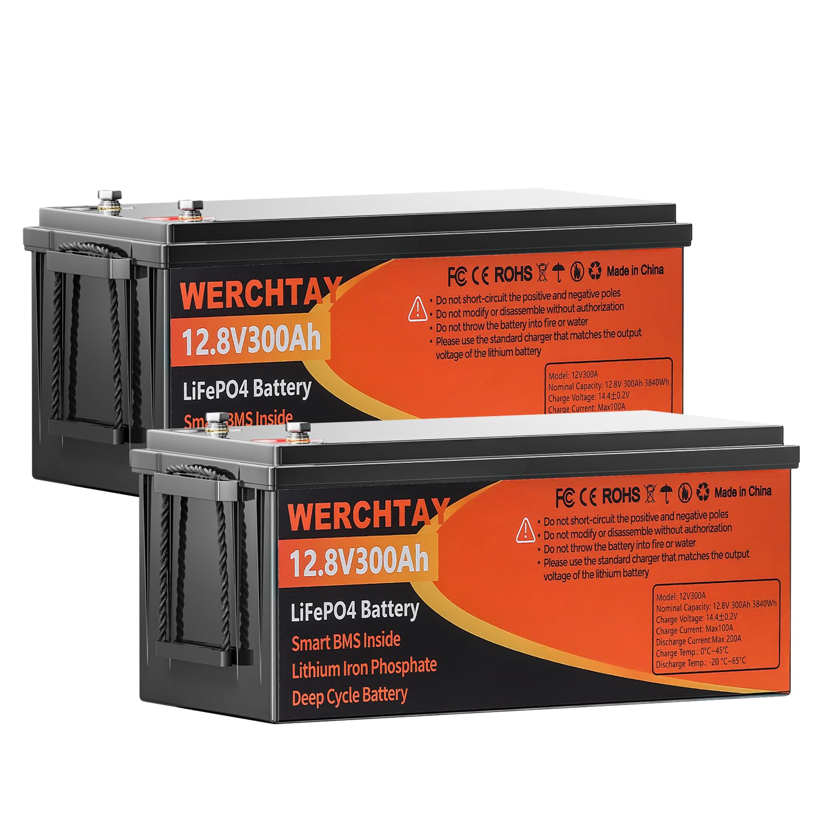 WERCHTAY Batteria LiFePO4 da 12 V, 300 Ah, ricaricabile da 12 V, con protezione BMS da 200 A, ciclo basso, batteria al litio da 3840 Wh per camper, carrello da golf, fuoristrada (2 x 300 ah)