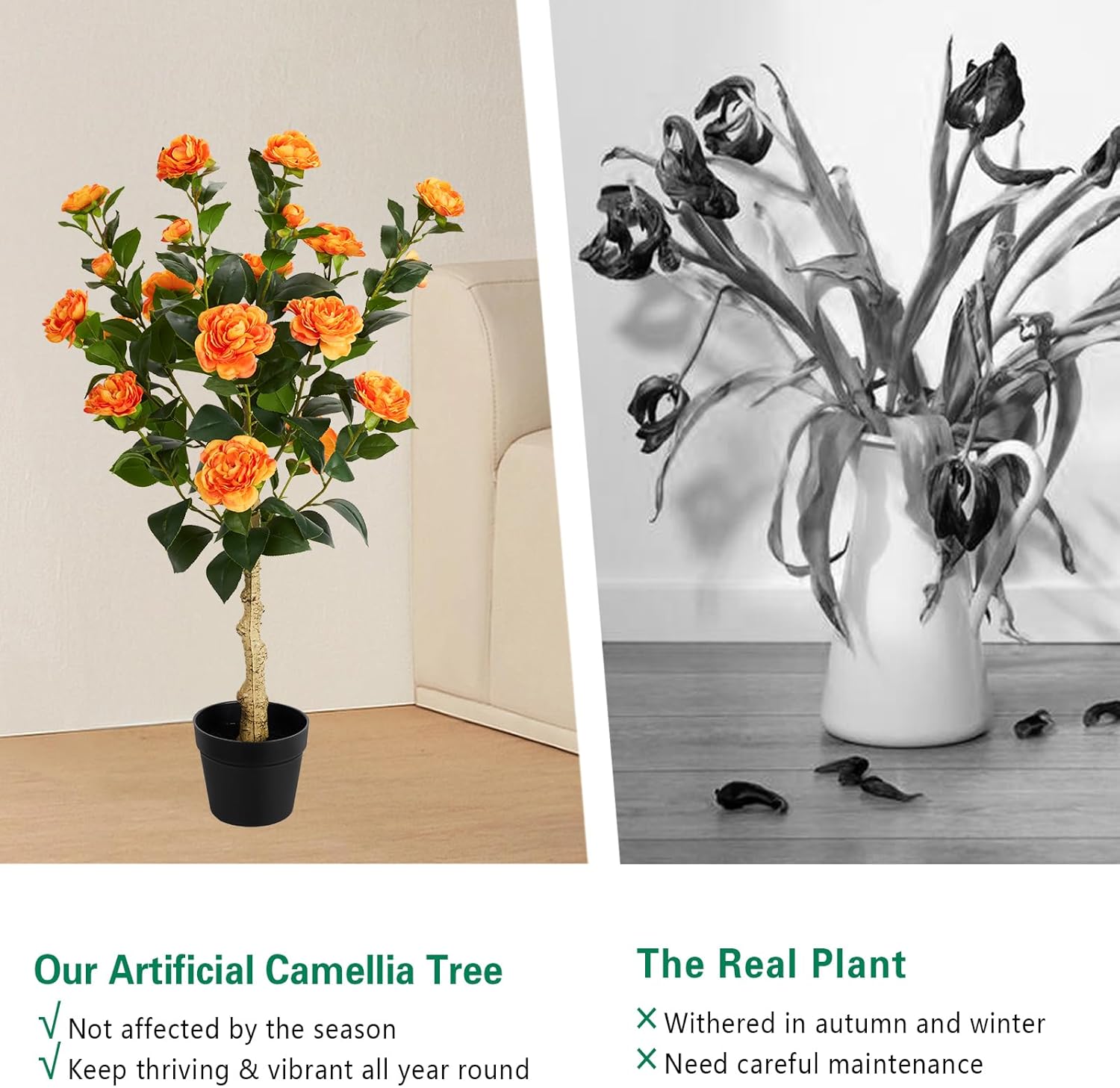 3FT Artificial Camellia Tree, 2 Pack Fake Camellia Tree Artificial Tree, Faux Floral Plants in Cement Pot, Greenery Potted Plant for Indoor Outdoor Home Office Porch Decor (Orange)