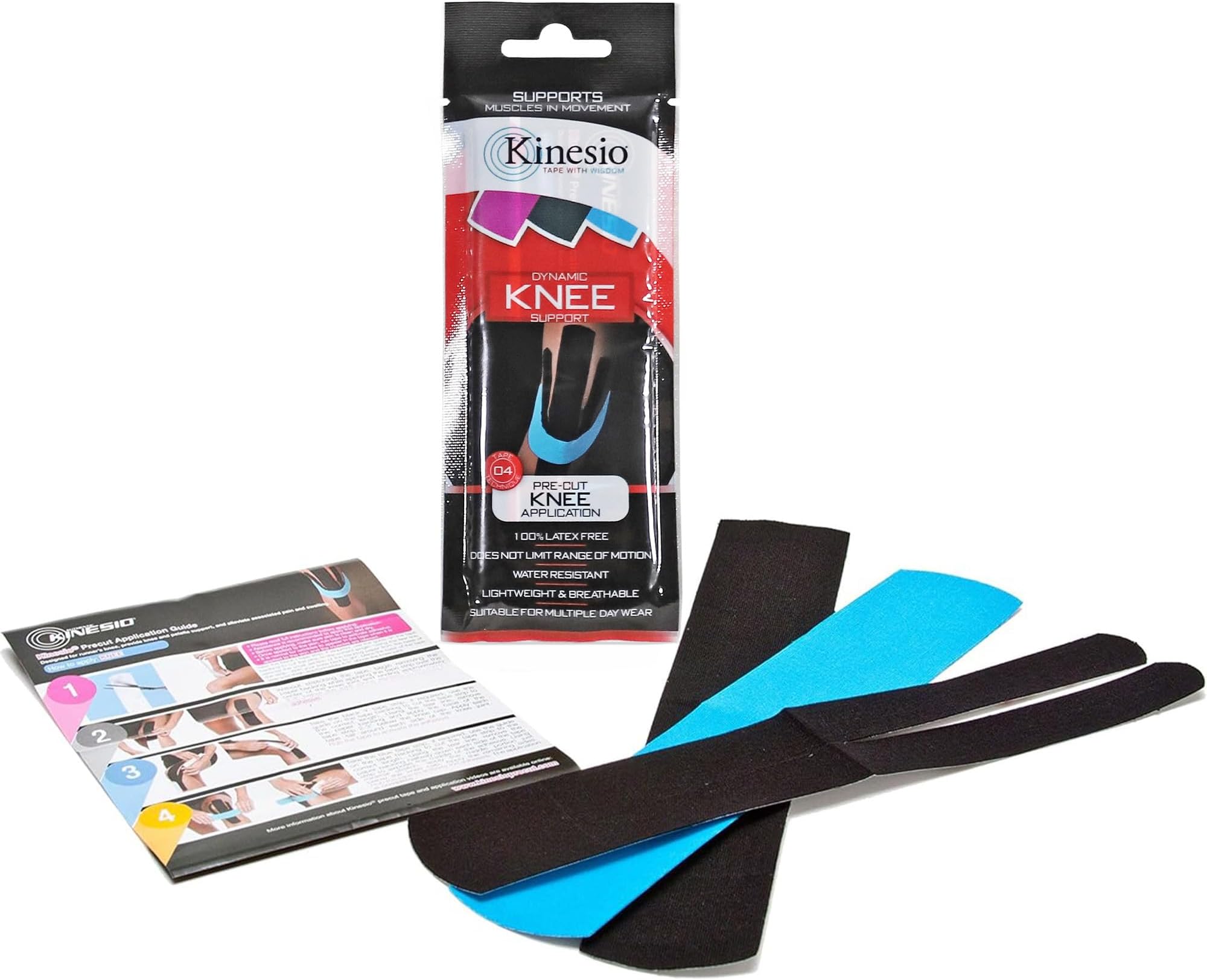 Kinesio Tape - Pre-Cut Knee Support - Optimized Athletic Tape Strips - 3 Single-Use Knee Strips