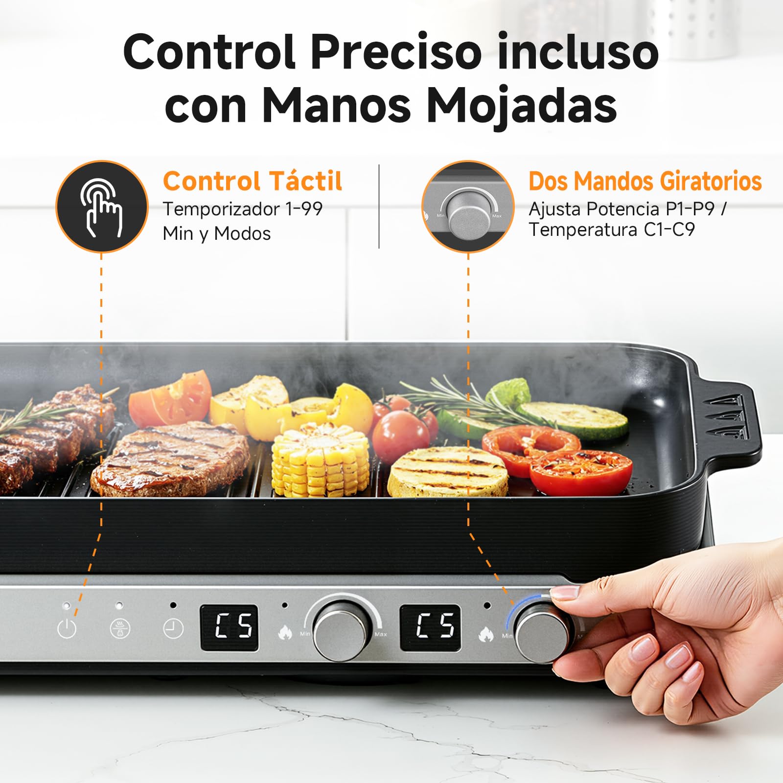 AMZCHEF 3000W Placa de Inducción Doble, Placa de Inducción 2 Fuegos Portátil con Plancha Grill Extraíble, 9 Niveles de Potencia/Temperatura, para Barbacoa Interior y Autocaravana, Gris Hierro