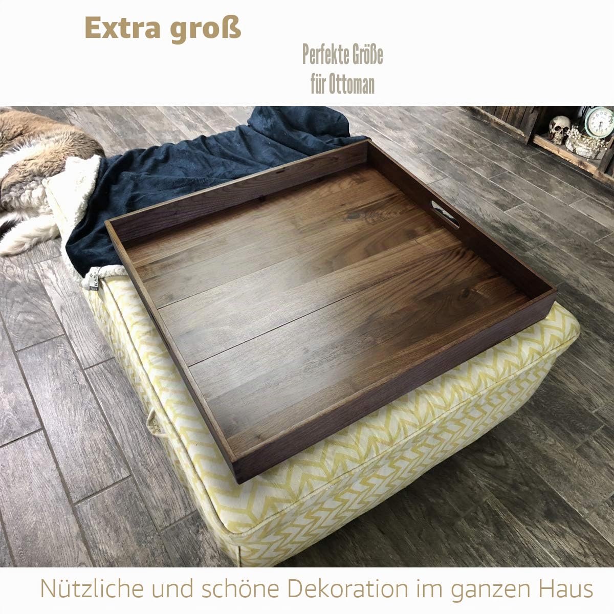 Extragroßes quadratisches Tablett aus schwarzem Walnussholz mit Griffen, für Tee, Kaffee oder Frühstück im Bett, klassisches dekoratives Serviertablett aus Holz, 61 x 61 cm