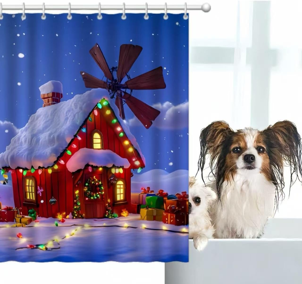 Christmas Shower Curtain Red House Windmill Xmas Tree Snowflake Bathroom Decor with 12 Hooks 72"x72"