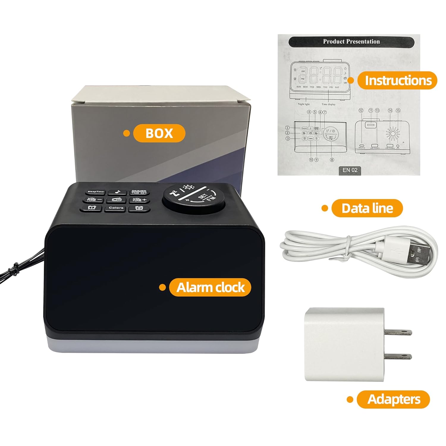 Contents of the LEIKE Alarm Clock Radio box including the alarm clock, data line, and adapters
