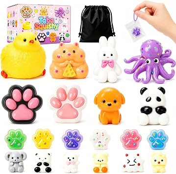 20 Pack Taba Squishy Toys,8 Large Squishies with 12 Mini Keychain Squishies,Cute Animal & Paw Stress Relief Squeeze Toys for Kids,Party Favors Goodie Bag Stuffers Birthday Gifts with Carry Bag