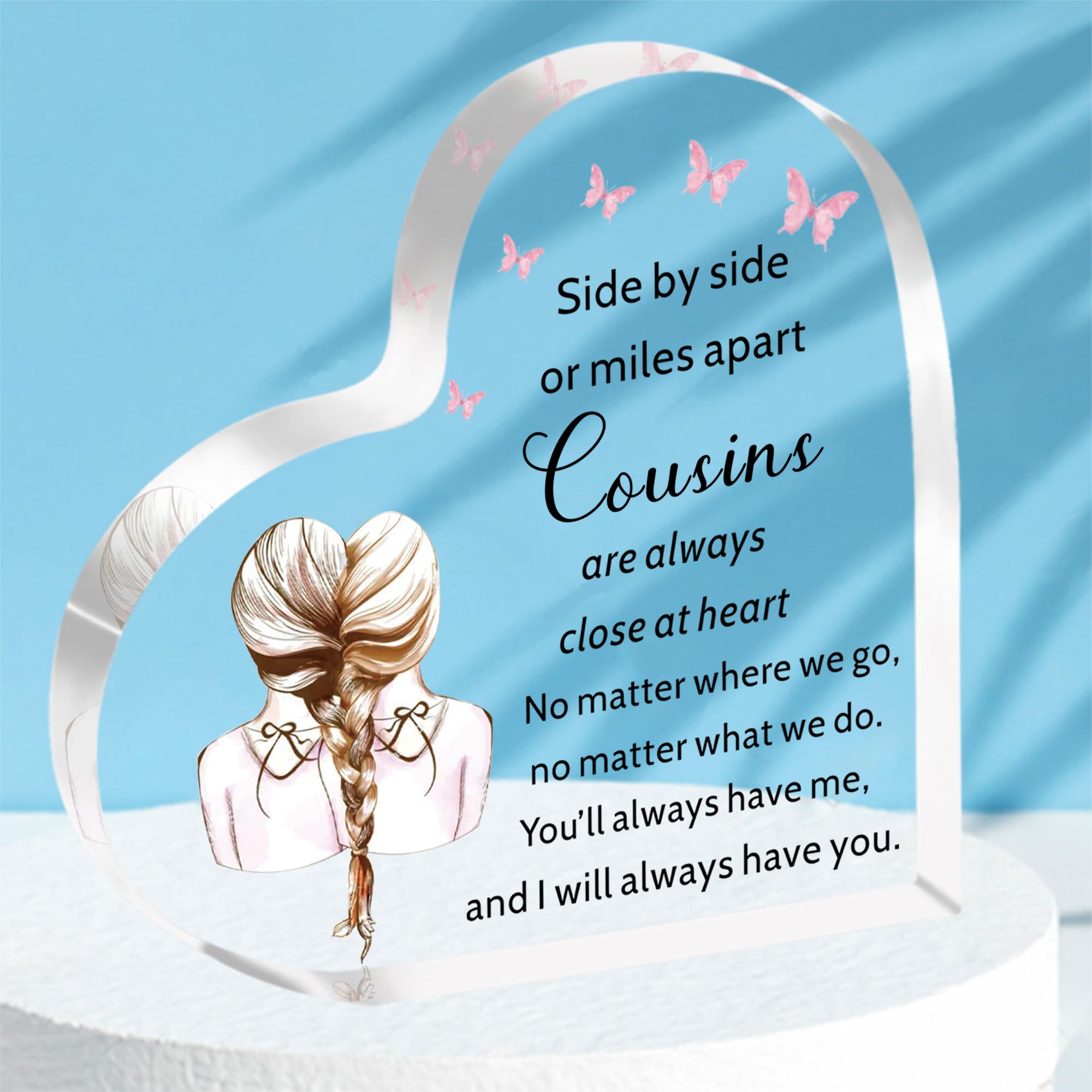 HULALA Cousin Gifts For Women Girls Teenager,Cousin Acrylic Heart Plaque,Gifts For Cousin Birthday Christmas Presents Side By Side Or Miles Apart Cousins Are Always Close At Heart