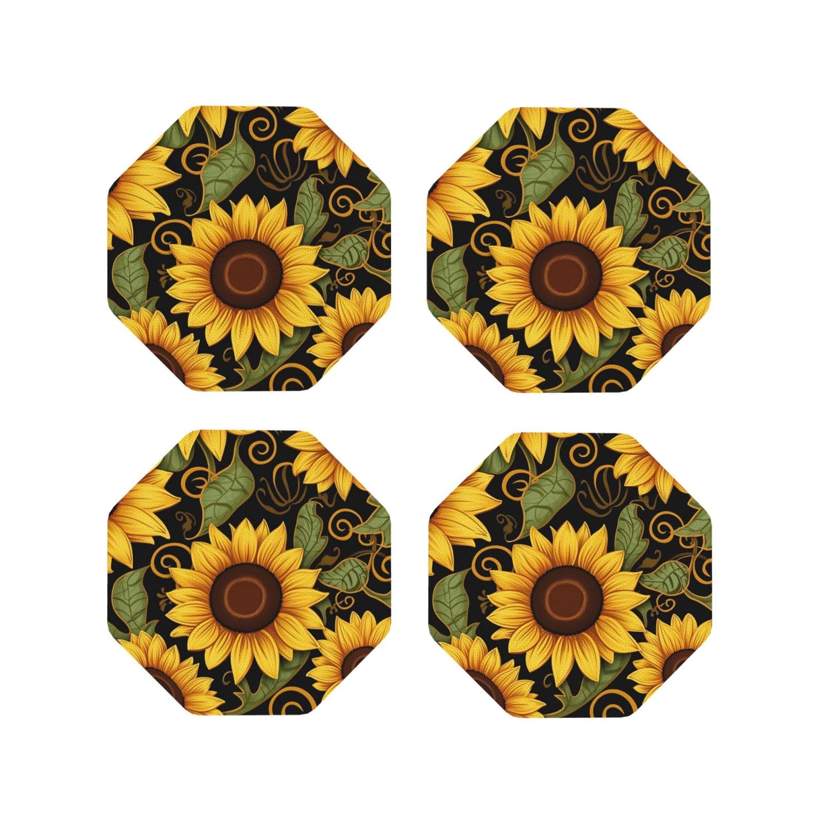 4pcs Drink Coasters for Tabletop Protection, 4" Leather Coasters for Drinks, Beautiful Sunflower Cup Coasters for Coffee Table Decor, Non-Slip Drinking Cup Mat for Hot Or Cold Drink