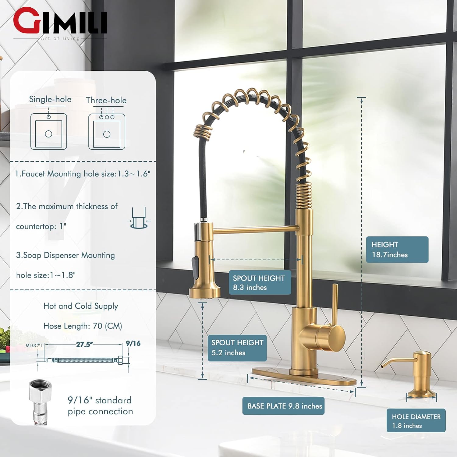 GIMILI Gold Kitchen Faucet with Soap Dispenser Pull Down Sprayer | Modern Design, Single Hole Sink Faucet Suitable for Farmhouses, RV, Laundry Room, Outdoor, and Campers
