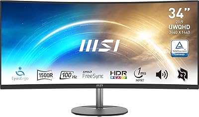 MSI PRO MP341CQ Monitor Curvo 34 pollici UWQHD (3440 x 1440), Pannello 21:9, 100 Hz, 1 ms (MPRT), Anti-Flicker, Less Blue Light, Speaker integrati, 2x HDMI 2.0b, 1x DP, VESA 100x100, Nero