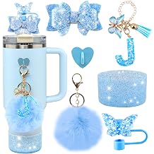 6Pcs Blue Stanley Cup Accessories Set - Butterfly Straw Topper Cover Cap, Bling Bow for Straw, Sparkly Silicone Boot, Letter Charm and Pompom for Stanley Cups Tumbler 40Oz 30Oz 20Oz J