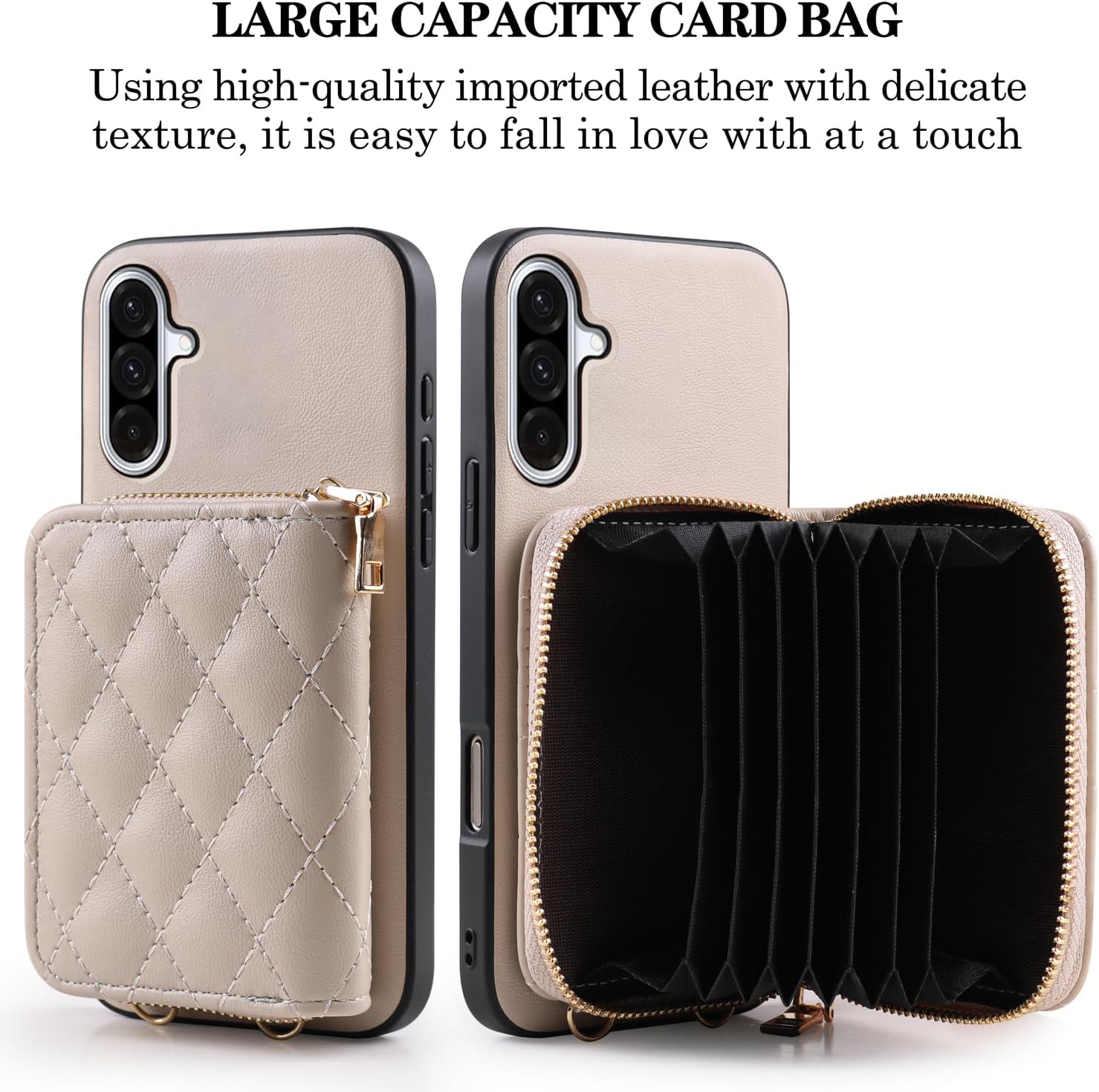 Argyle Wallet Cover for Samsung Galaxy A15 5G/4G & Tempered Glass Screen Protector Shoulder Strap, Luxury PU Leather Zipper Organ Card Holder Stand Phone Case for A 15 G5 15A Women Girls Khaki