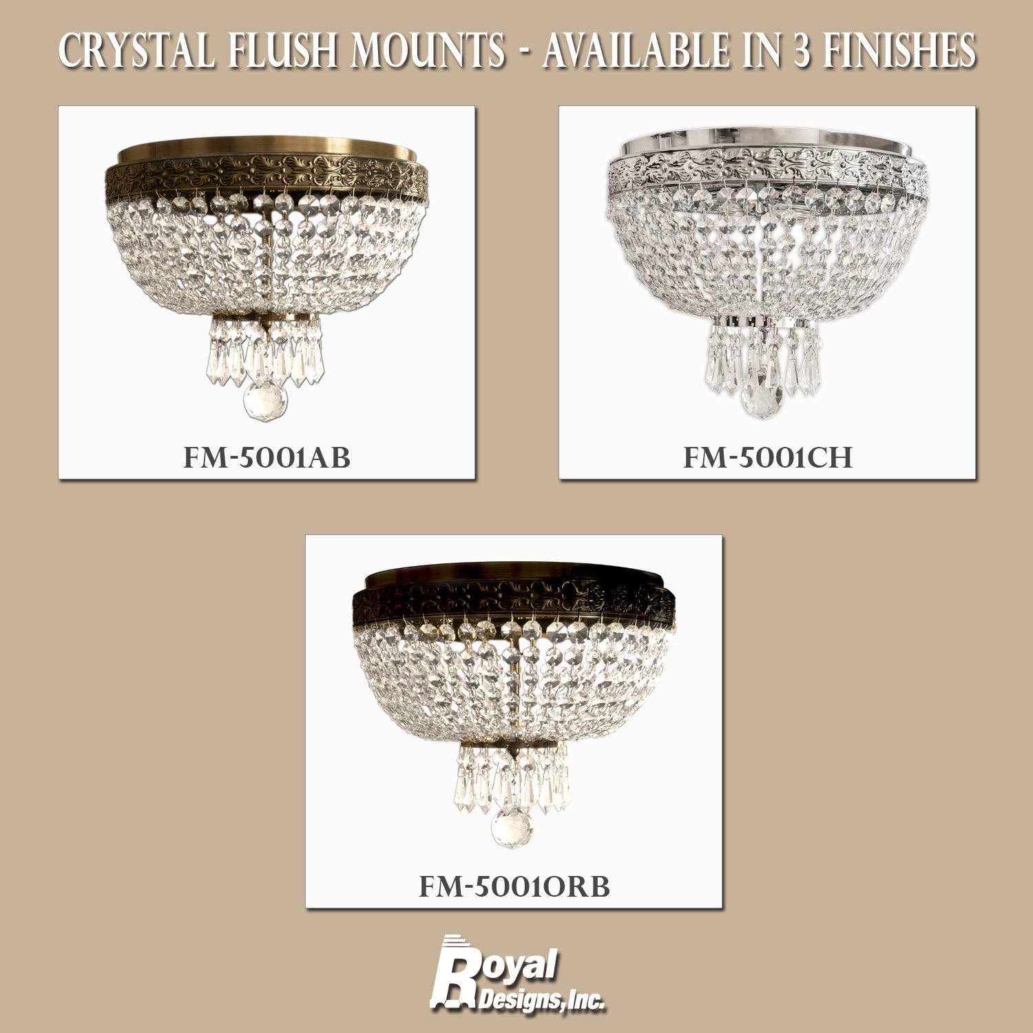 Royal Designs Flush Mount Ceiling Light, Oil Rubbed Bronze Finish, 2 Lights, Round Crystal Chandelier