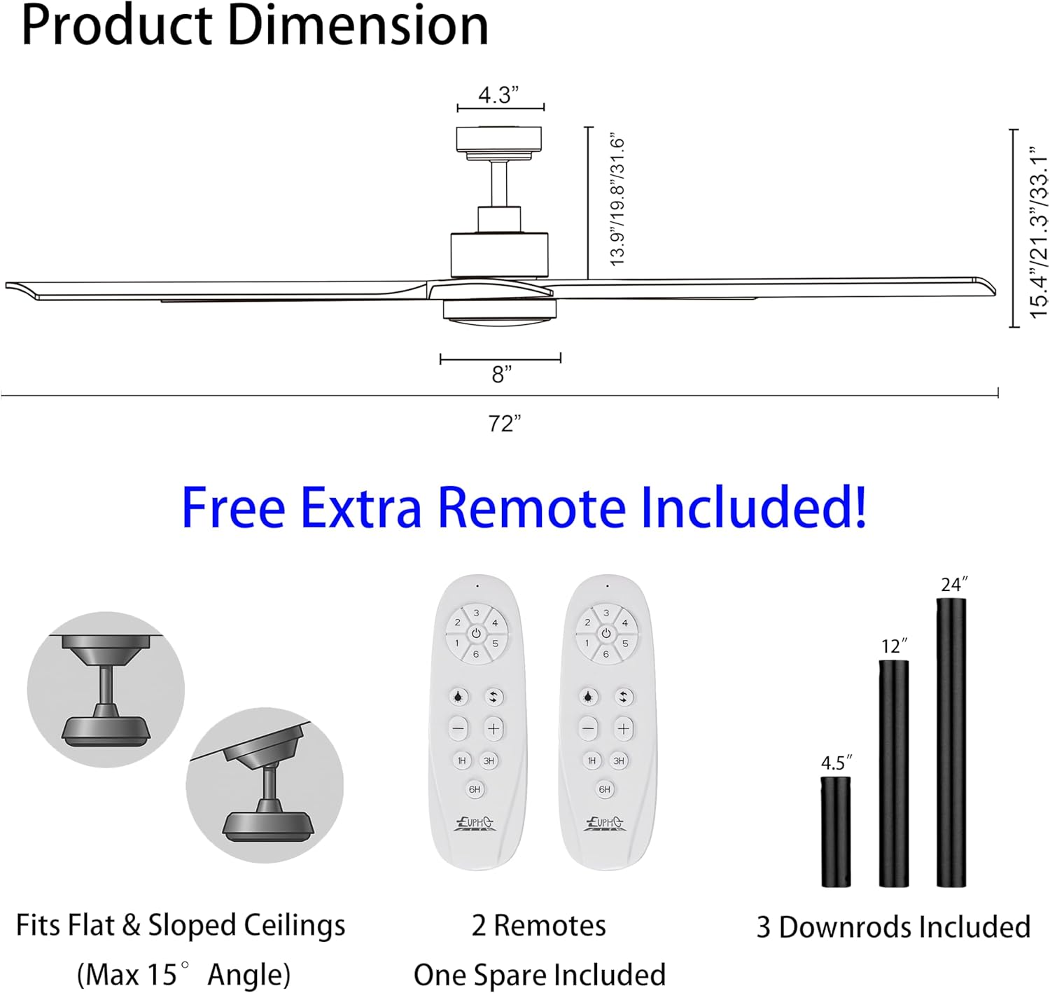 72 Inch Ceiling Fan with Solid Wood Blades, Smart App & Dual Remote Control, Quiet Reversible DC Motor, Tri-Color LED, Energy Efficient, Brass and Black Finish, for Bedroom or Living Room