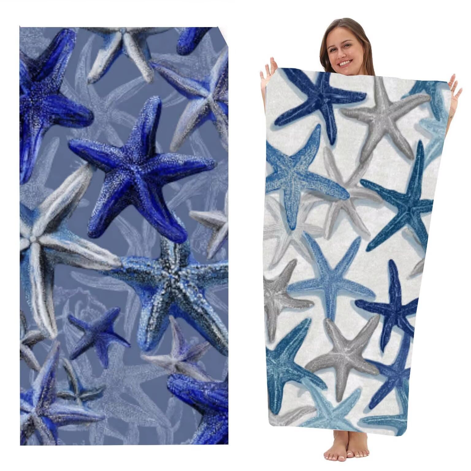 Strandtuch XXL 2 Set Microfaser Handtucher Mikrofaser Badetuch Beach Towels 90x200 cm Schnelltrocknend Dünn Strandtücher Leicht Badehandtuch Stranddecke Sandfrei Microfasertuch (Seestern Blau) z-1456