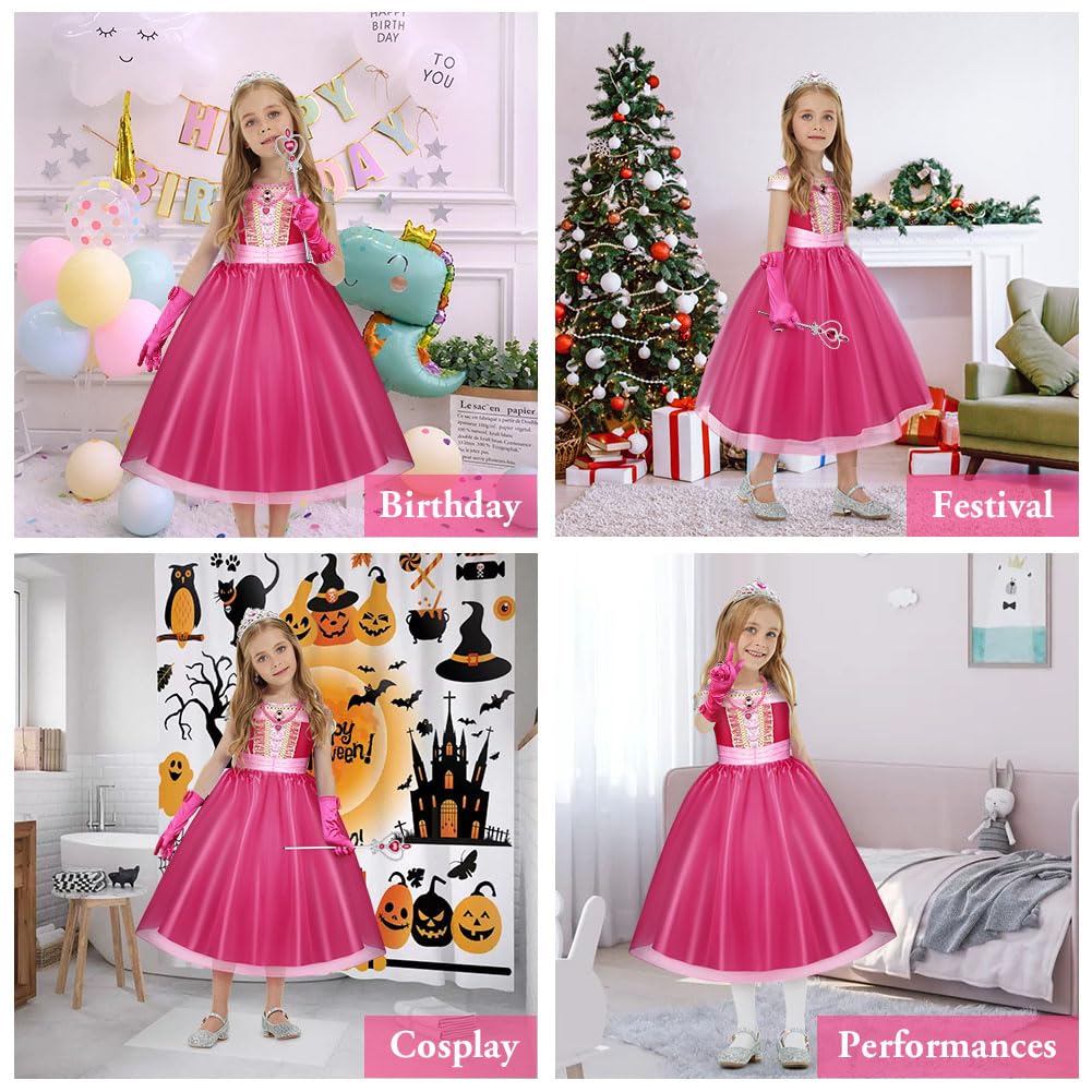 Robe de Princesse Filles, Déguisement de La Belle au Bois Dormant, Robe Rose de Princesse, Costume de Soirée Enfant pour Anniversaire Fête Halloween Noël Partie Carnaval