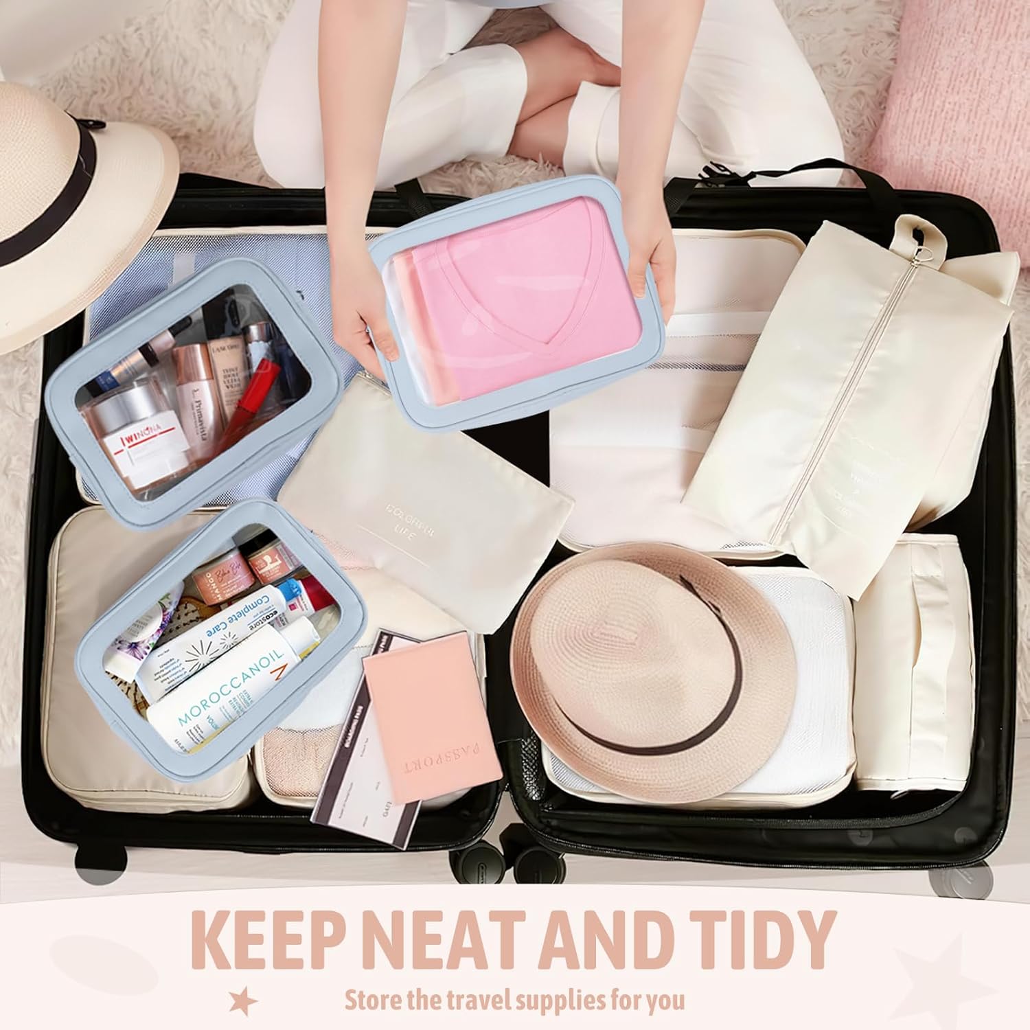 6PCS Clear Toiletry Bag,TSA Approved Travel Pouch with Zipper for Cosmetics and Toiletries，Diaper Bag Organizer Pouch Set, Purse Organizer and Clear Car Bag for Women and Kids